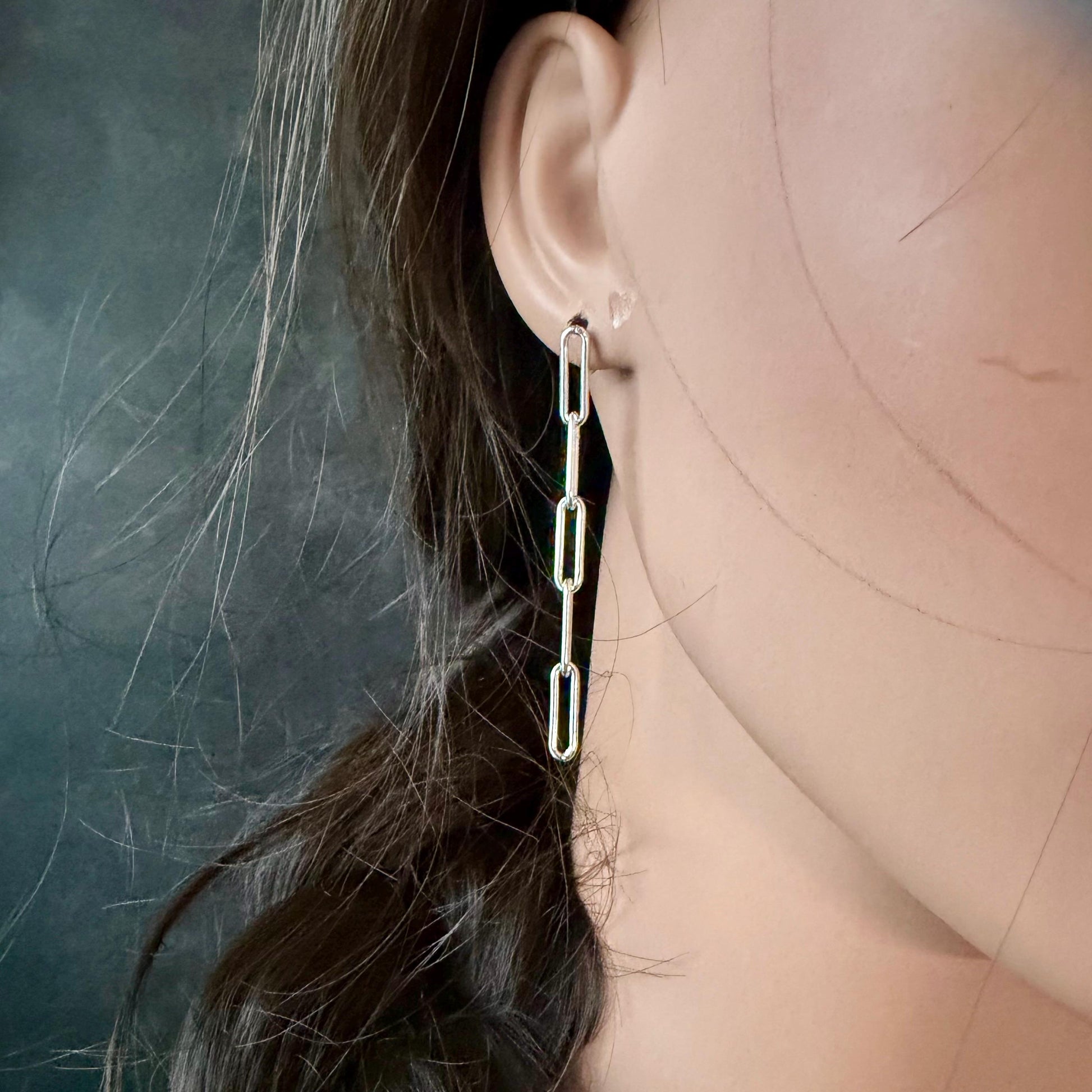 Sterling Silver Post Drop Paperclip Earrings • Modern Long Silver