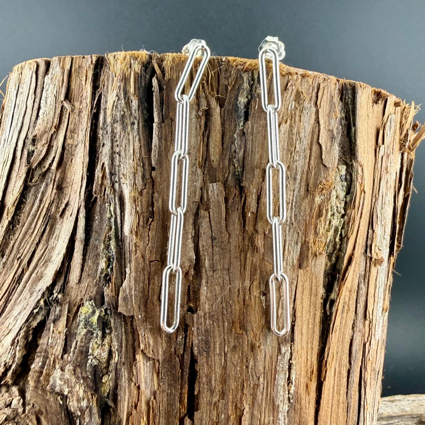 Sterling Silver Post Drop Paperclip Earrings • Modern Long Silver