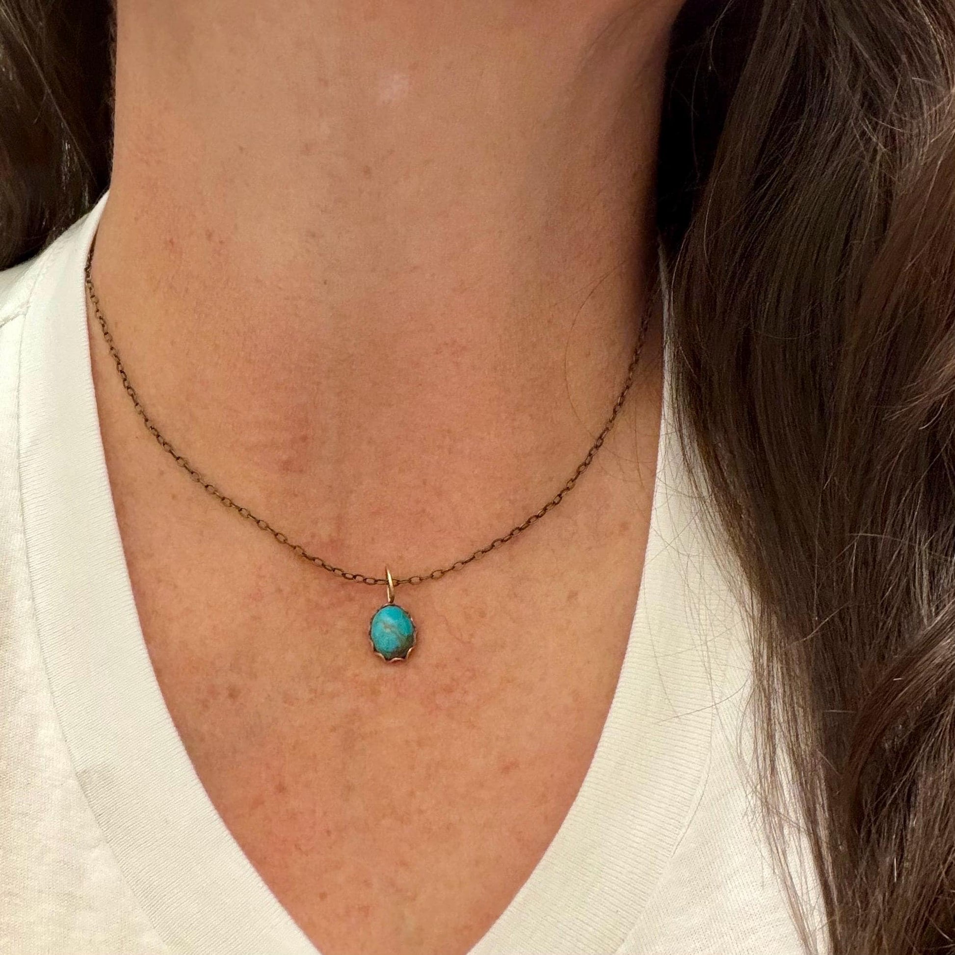 Kingman Turquoise Pendant Necklace • Antique Brass • 8×10 Turquoise Cabochon