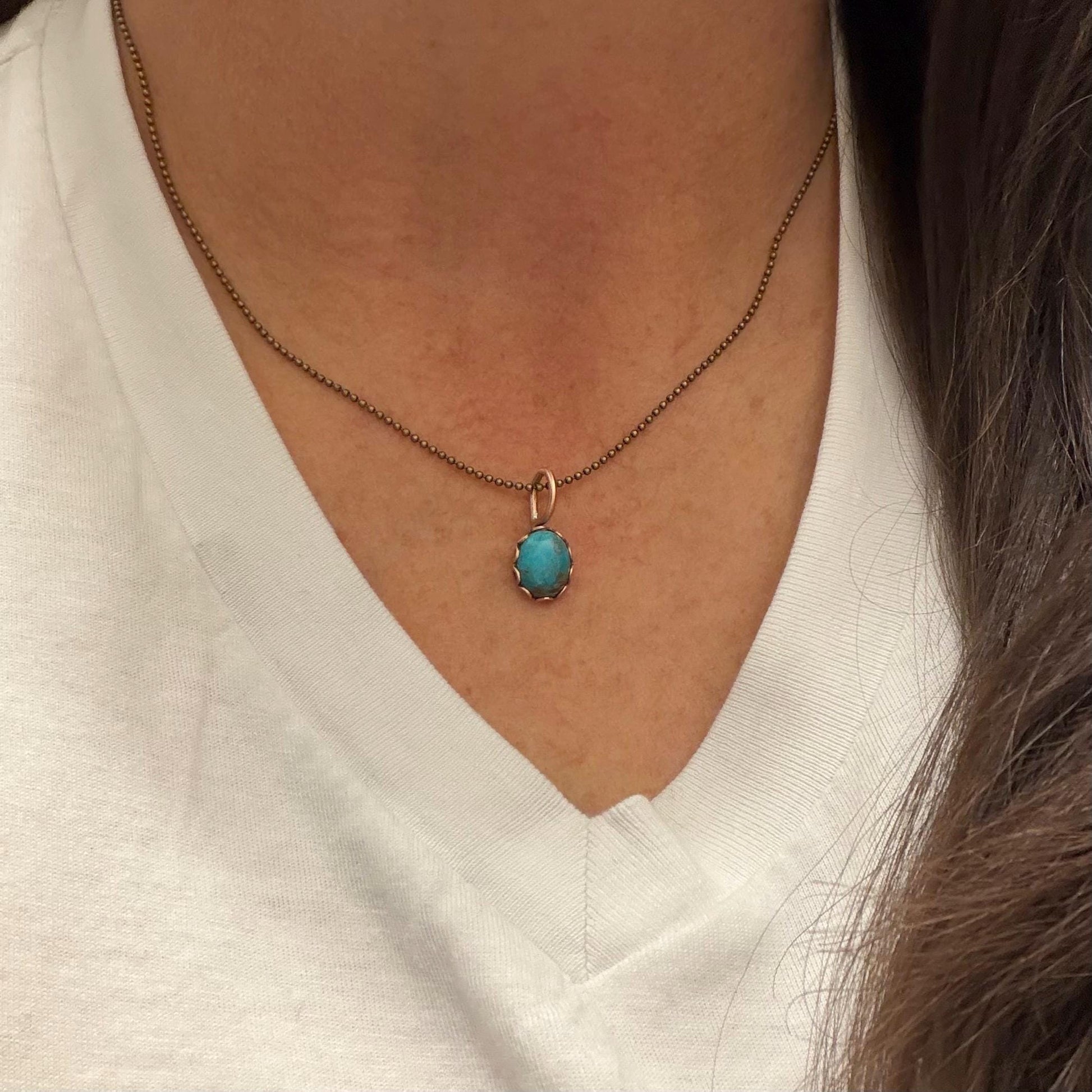 Kingman Turquoise Pendant Necklace • Antique Brass • 8×10 Turquoise Cabochon