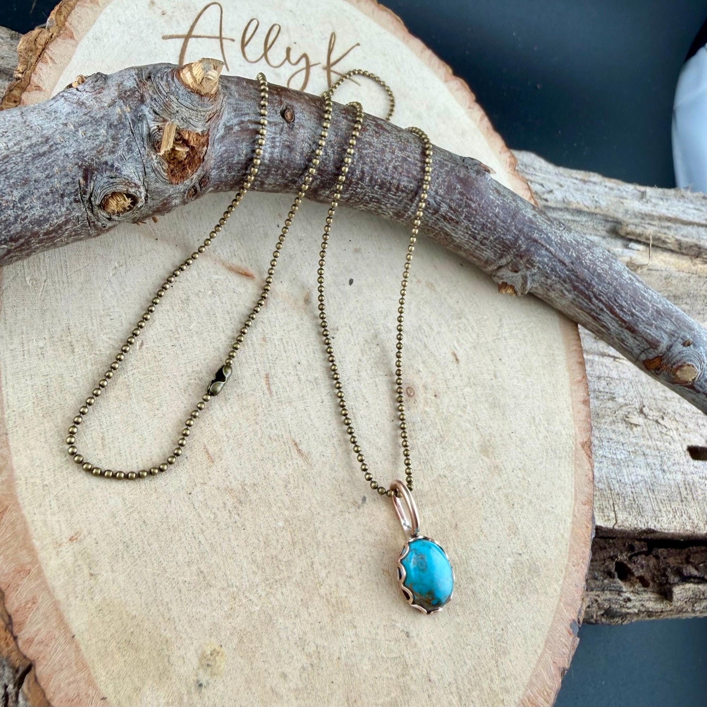 Kingman Turquoise Pendant Necklace • Antique Brass • 8×10 Turquoise Cabochon