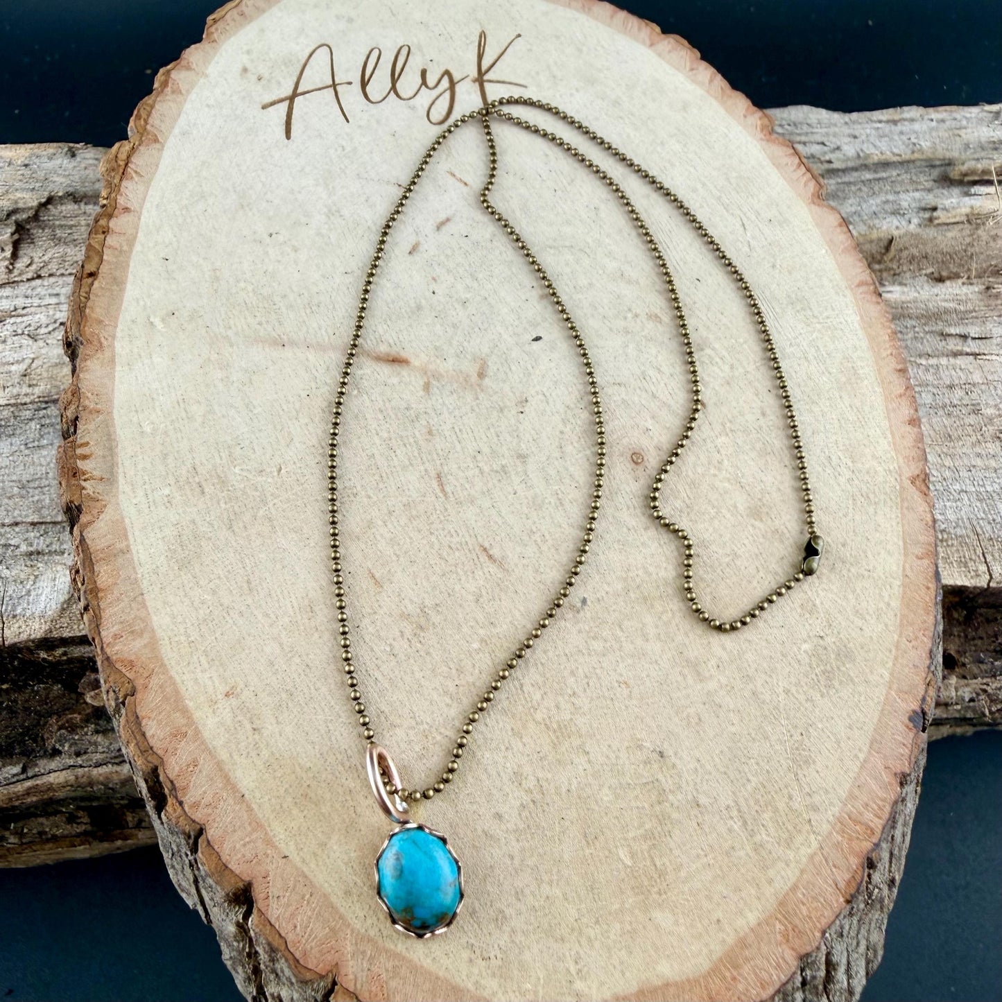 Kingman Turquoise Pendant Necklace • Antique Brass • 8×10 Turquoise Cabochon