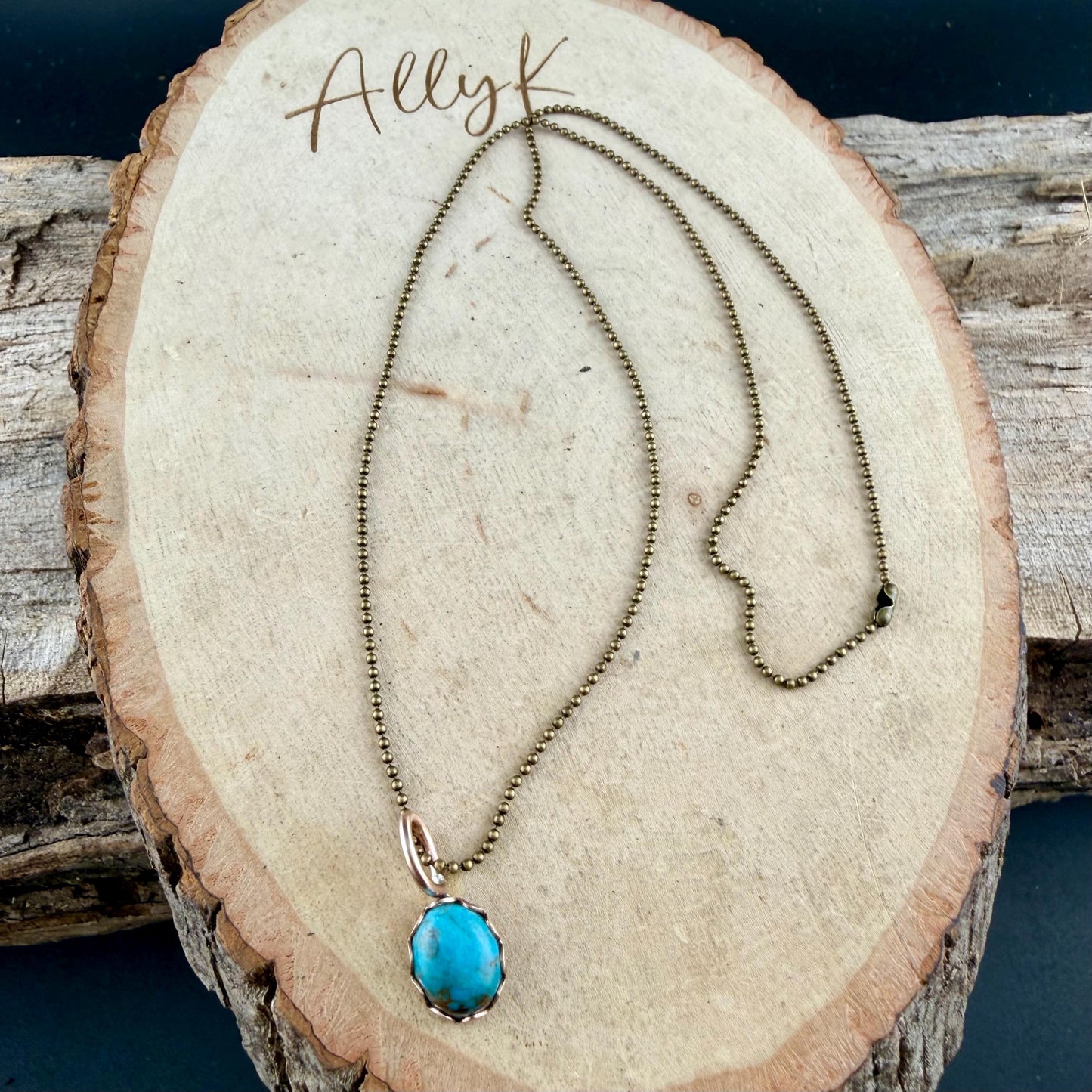 Kingman Turquoise Pendant Necklace • Antique Brass • 8×10 Turquoise Cabochon