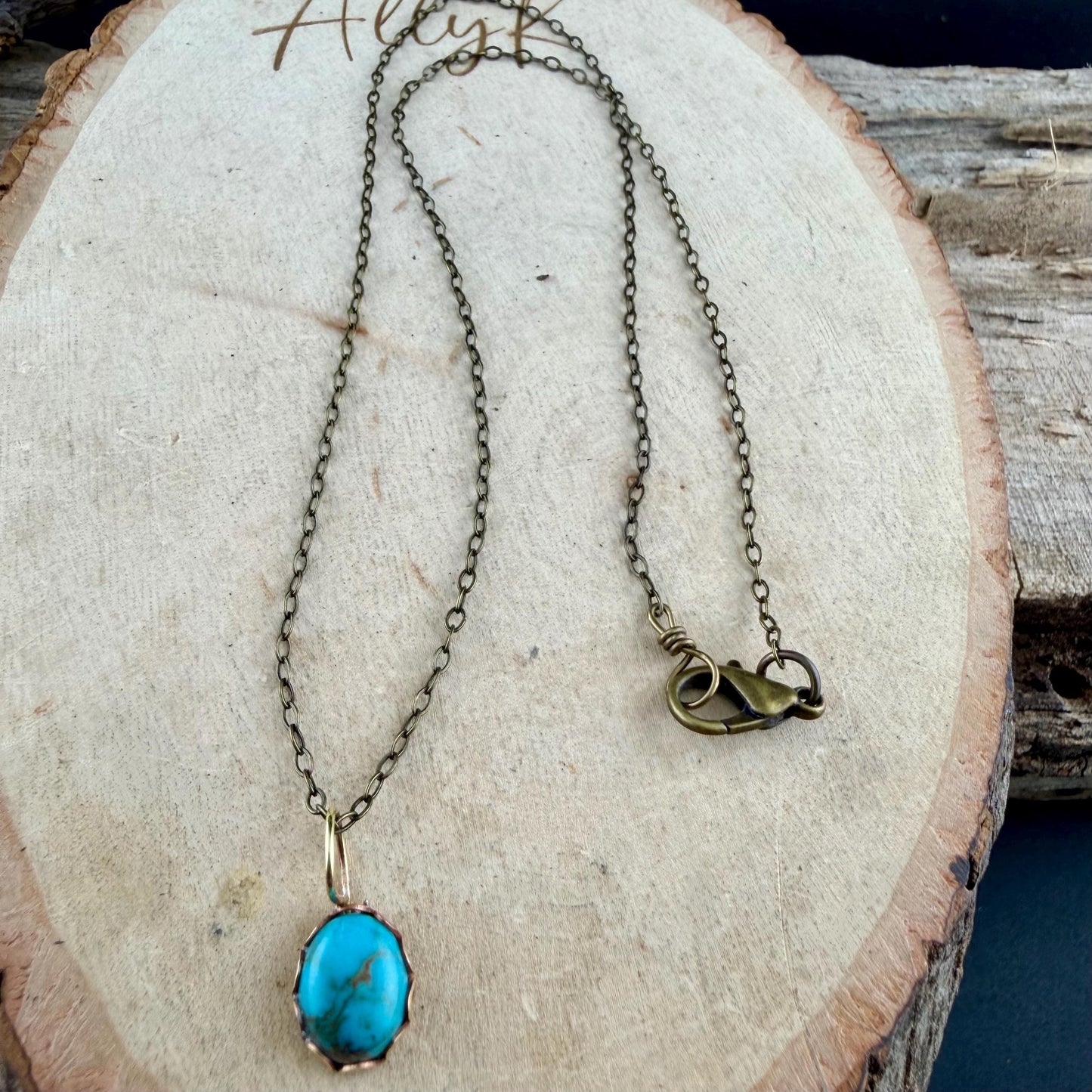 Kingman Turquoise Pendant Necklace • Antique Brass • 8×10 Turquoise Cabochon