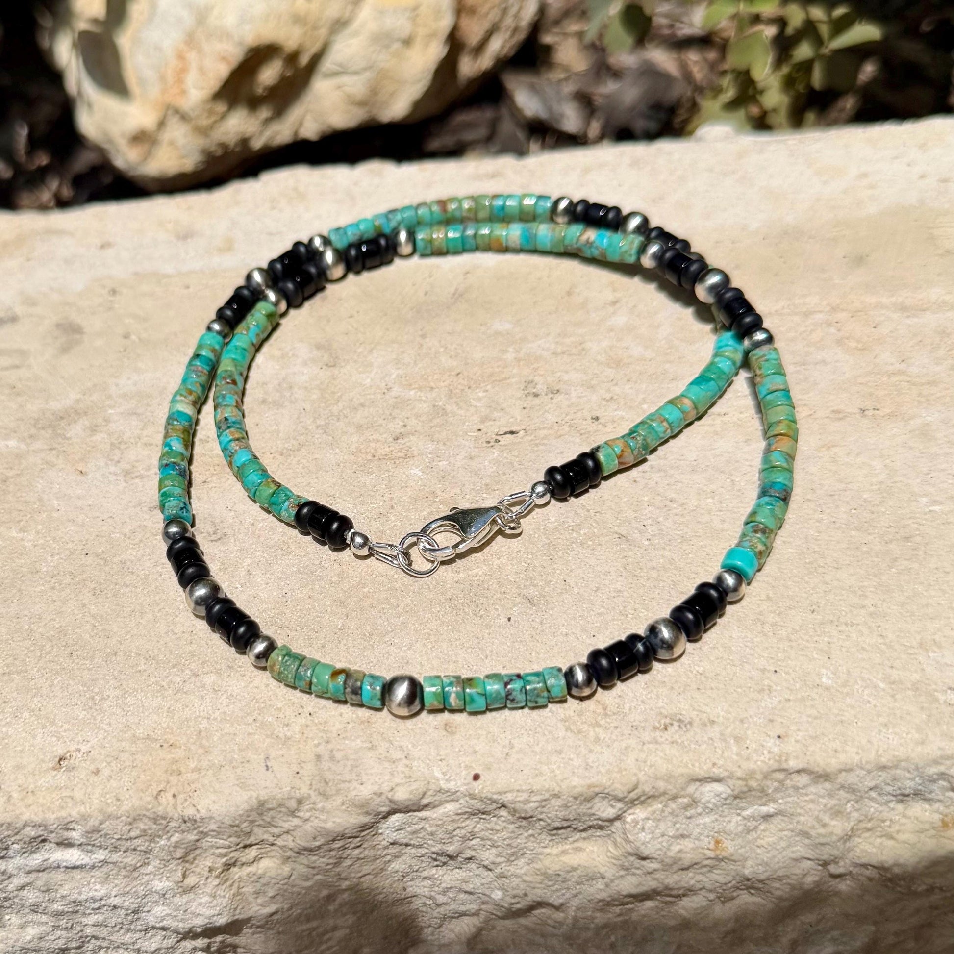 Turquoise & Onyx Desert Pearl Choker • Sterling Silver Southwestern Necklace