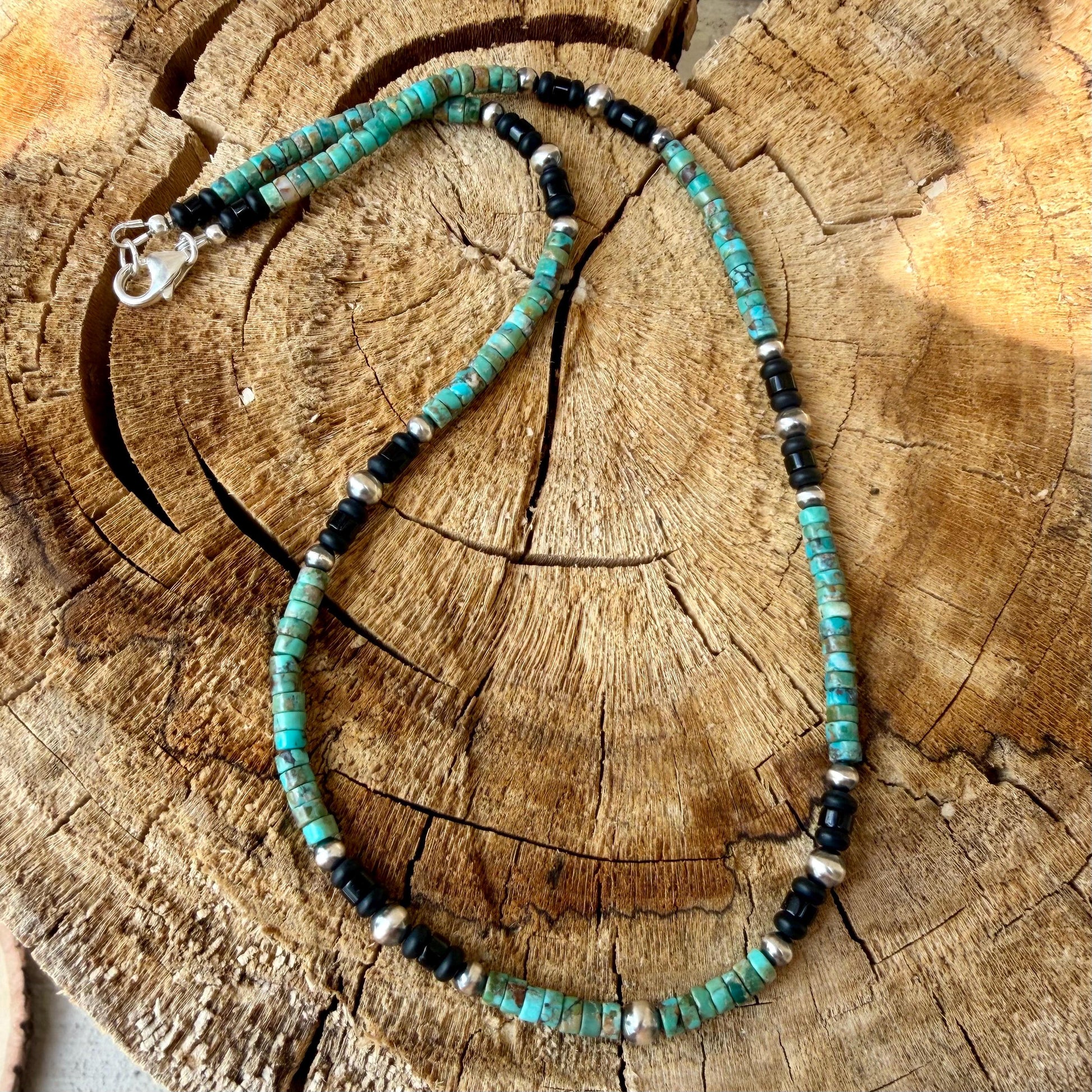 Turquoise & Onyx Desert Pearl Choker • Sterling Silver Southwestern Necklace