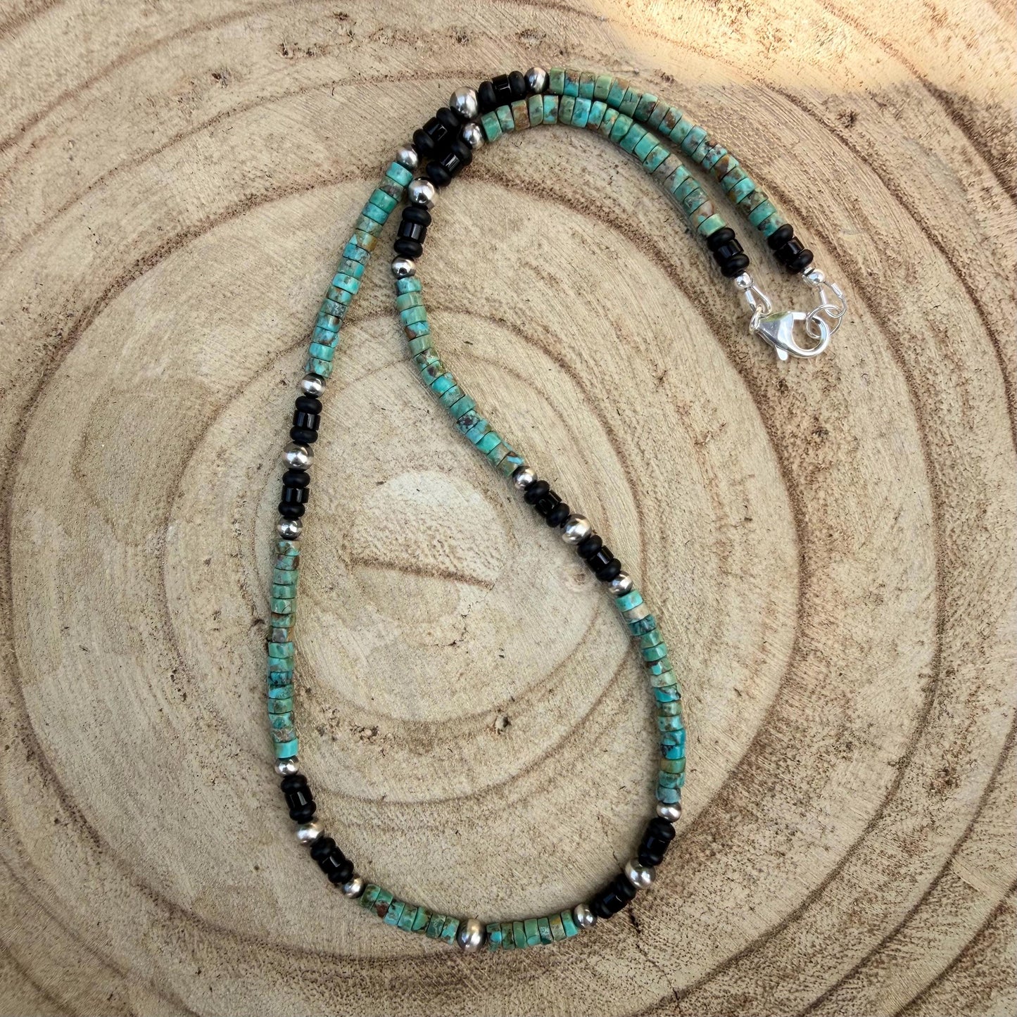 Turquoise & Onyx Desert Pearls Sterling Silver Choker Necklace • Southwestern Jewelry