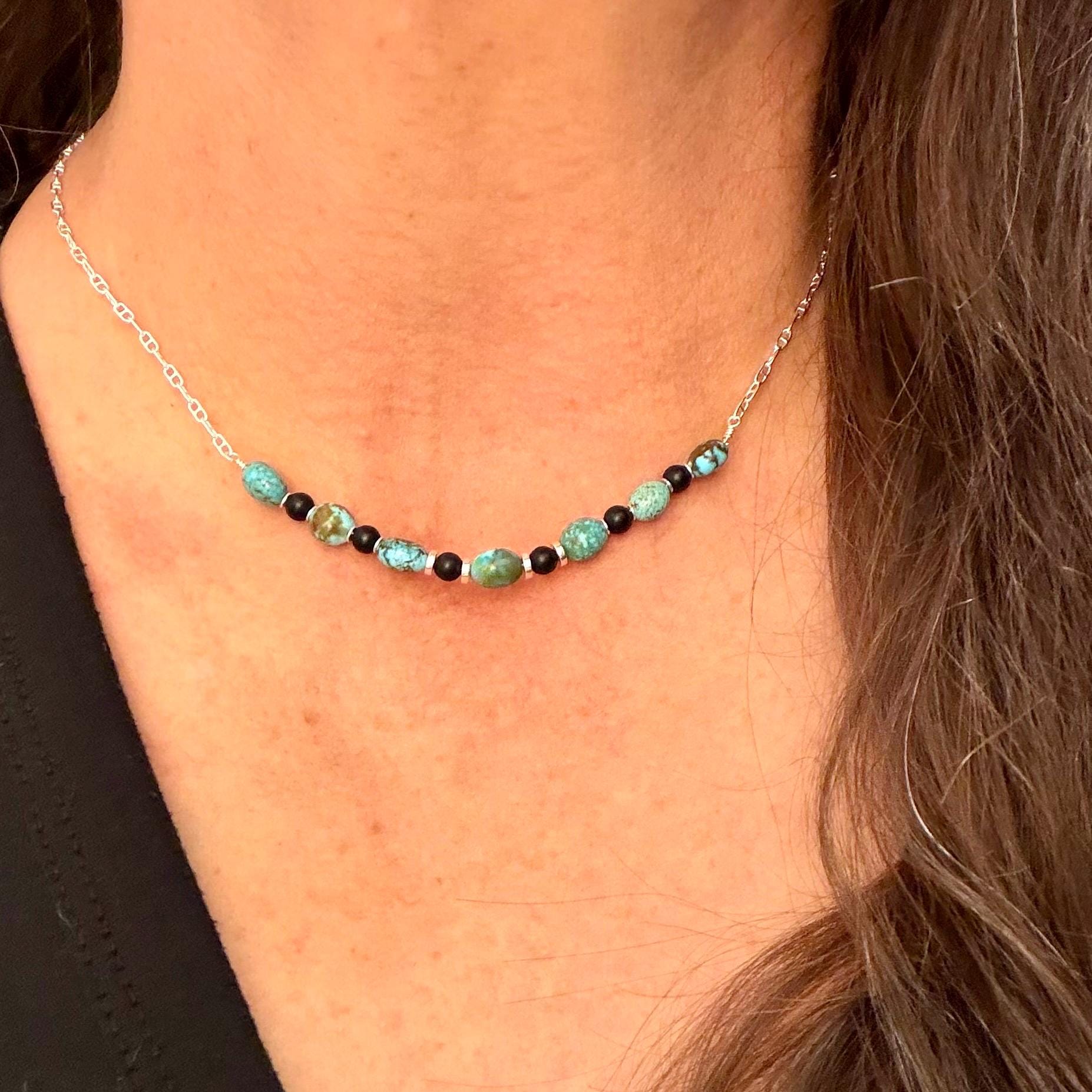 Kingman Turquoise Nugget & Onyx Necklace • Wire‑Wrapped Stone Bar Choker • Sterling Mariner Chain