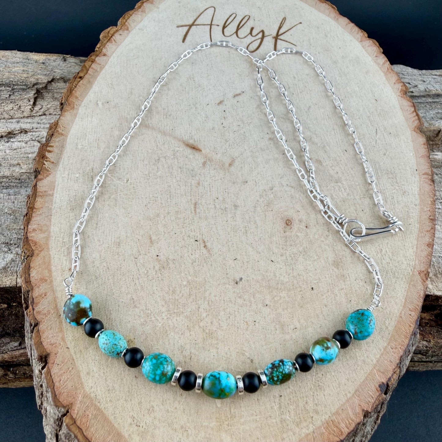 Kingman Turquoise Nugget & Onyx Necklace • Wire‑Wrapped Stone Bar Choker • Sterling Mariner Chain
