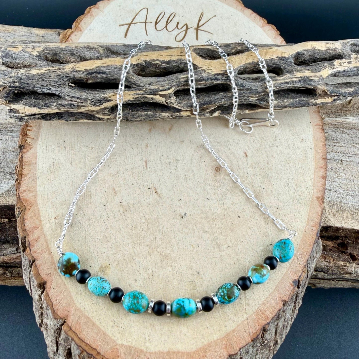 Kingman Turquoise Nugget & Onyx Necklace • Wire‑Wrapped Stone Bar Choker • Sterling Mariner Chain