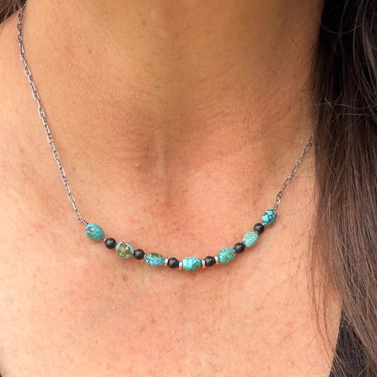 Kingman Turquoise Nugget & Onyx Necklace • Wire‑Wrapped Stone Bar Choker • Sterling Mariner Chain