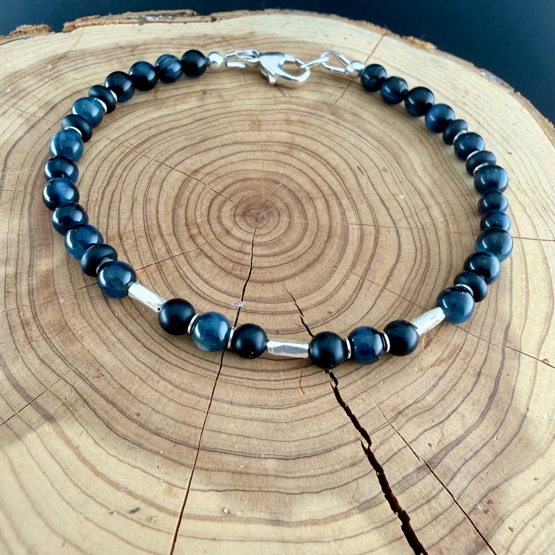 Blue Tiger’s Eye Onyx Bracelet • Hawk’s Eye • Sterling Silver Jewelry
