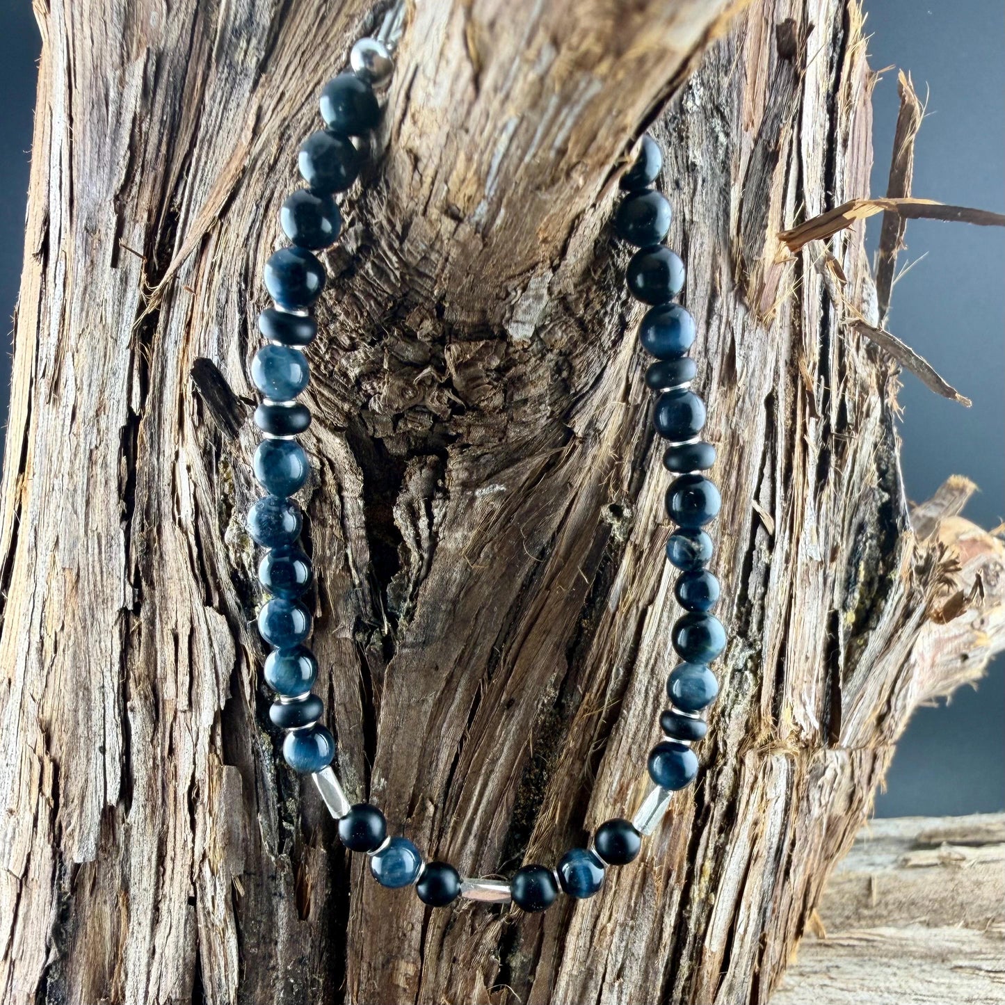 Blue Tiger’s Eye Onyx Bracelet • Hawk’s Eye • Sterling Silver Jewelry