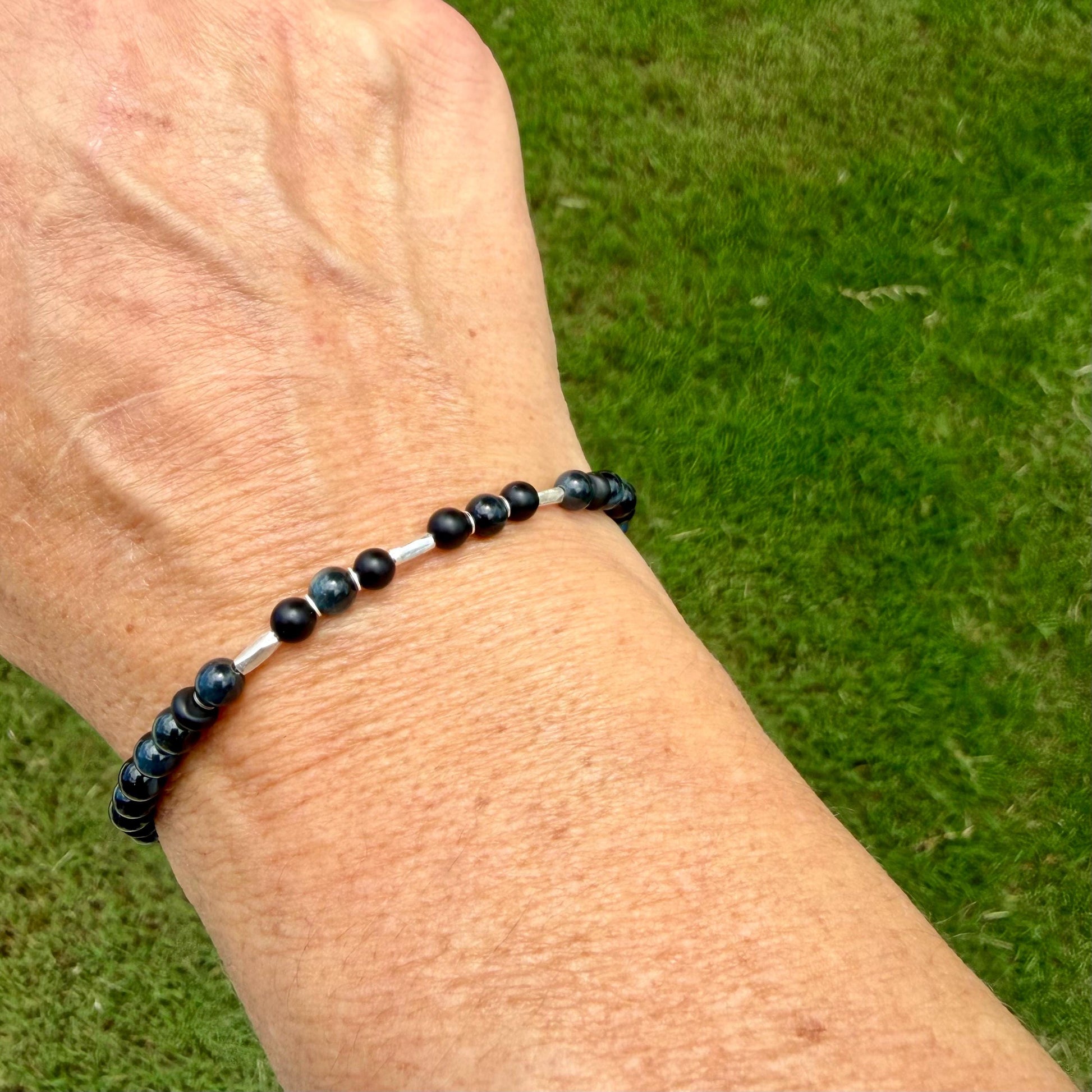 Blue Tiger’s Eye Onyx Bracelet • Hawk’s Eye • Sterling Silver Jewelry