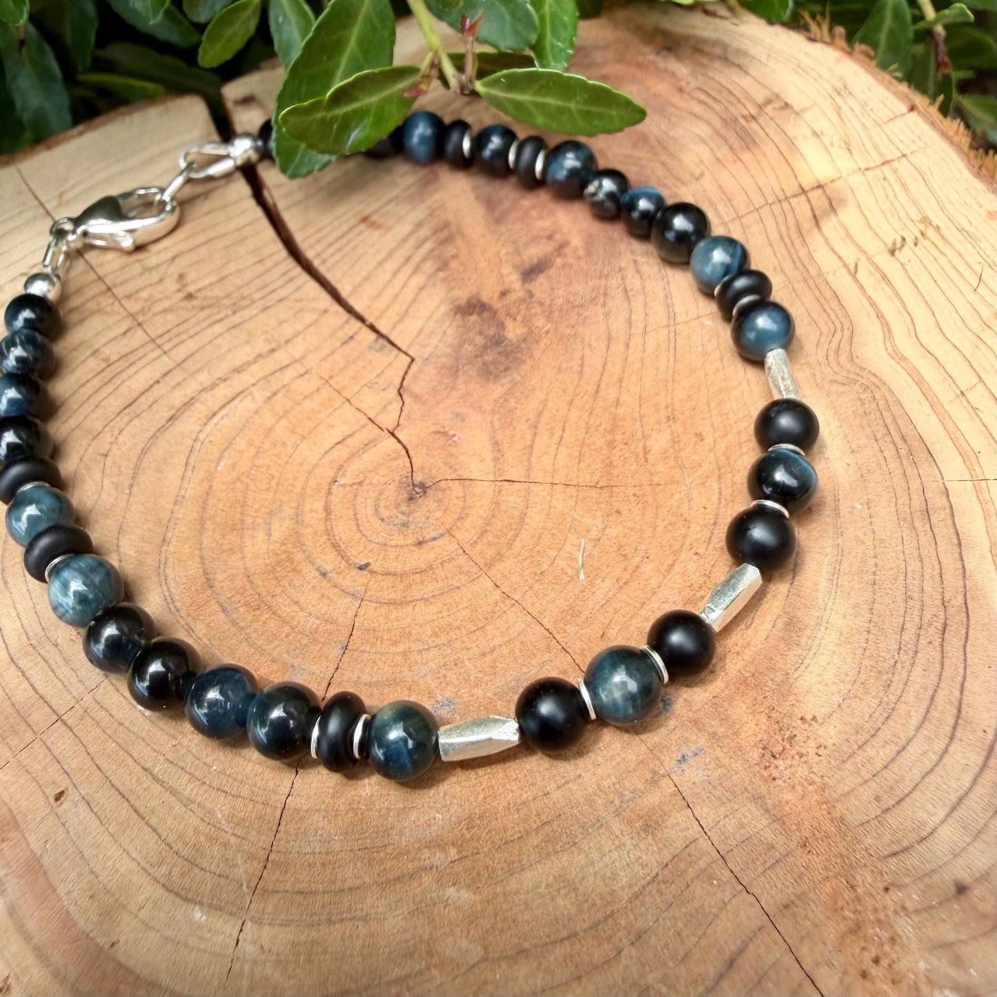 Blue Tiger’s Eye Onyx Bracelet • Hawk’s Eye • Sterling Silver Jewelry