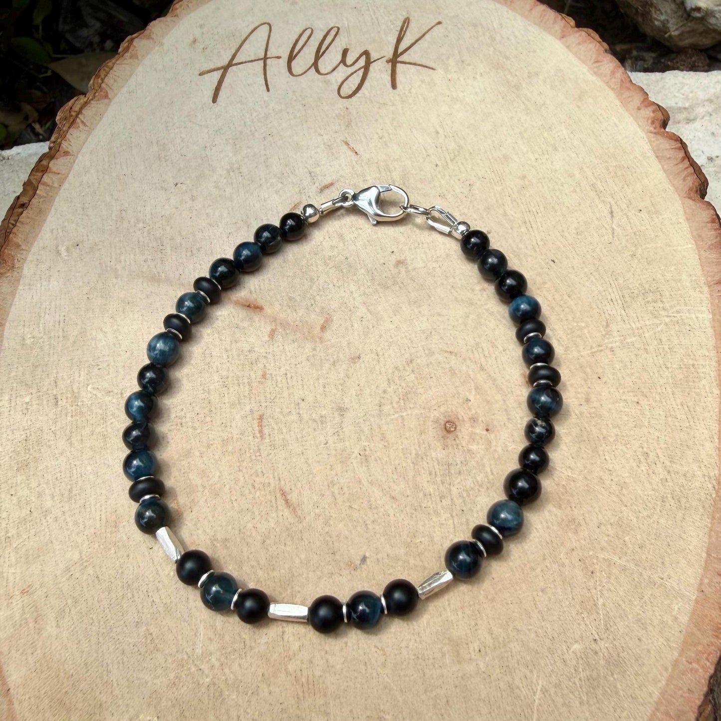 Blue Tiger’s Eye Onyx Bracelet • Hawk’s Eye • Sterling Silver Jewelry
