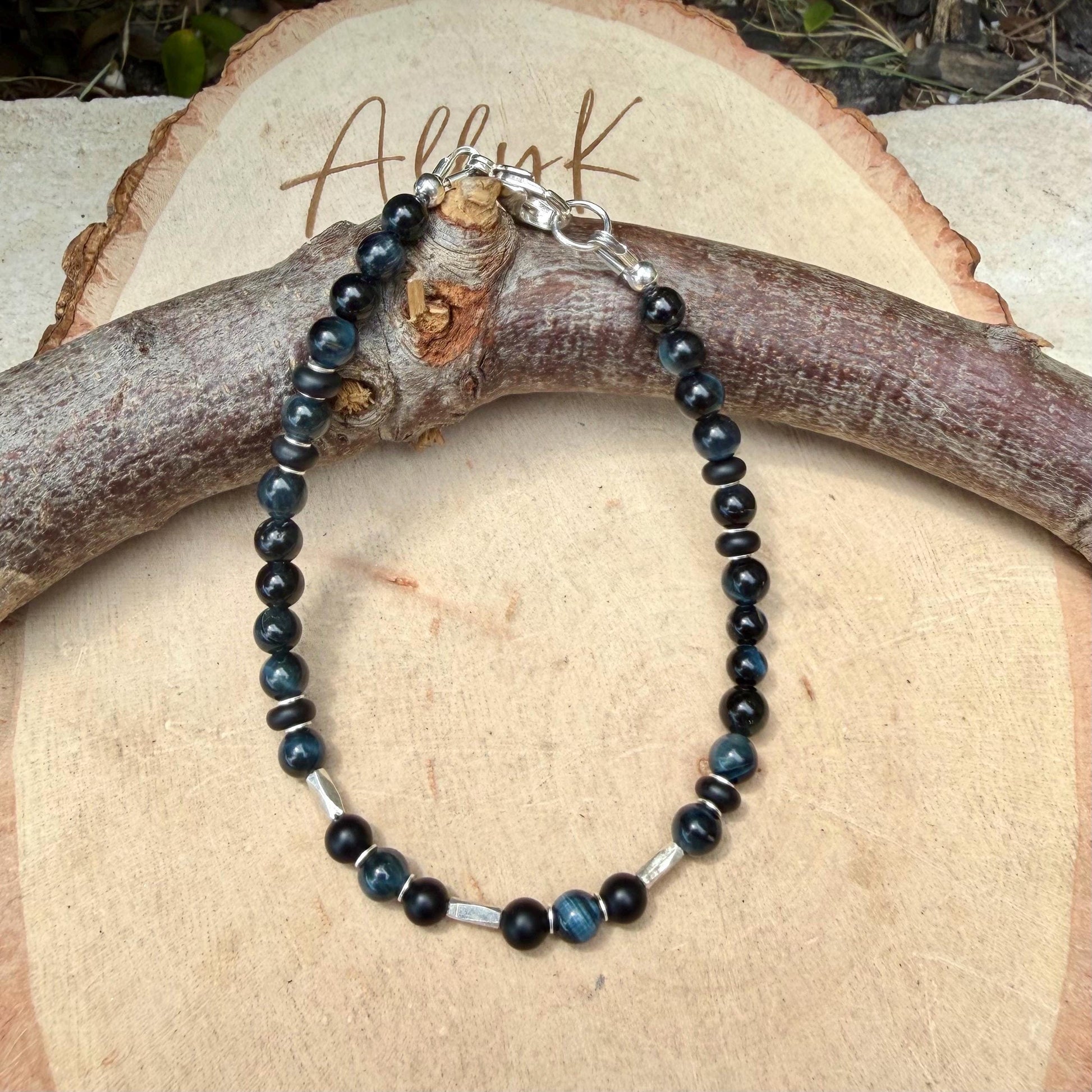Blue Tiger’s Eye Onyx Bracelet • Hawk’s Eye • Sterling Silver Jewelry