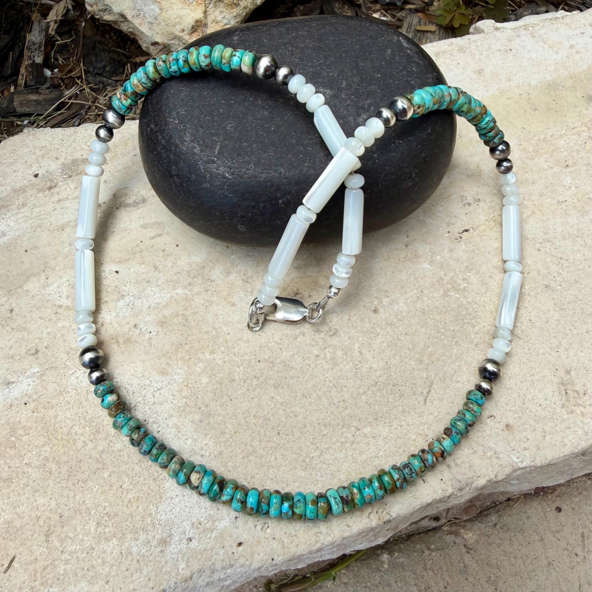 Mother of Pearl, Kingman Turquoise & Desert Pearl Choker • Sterling Silver • Southwestern Jewelry