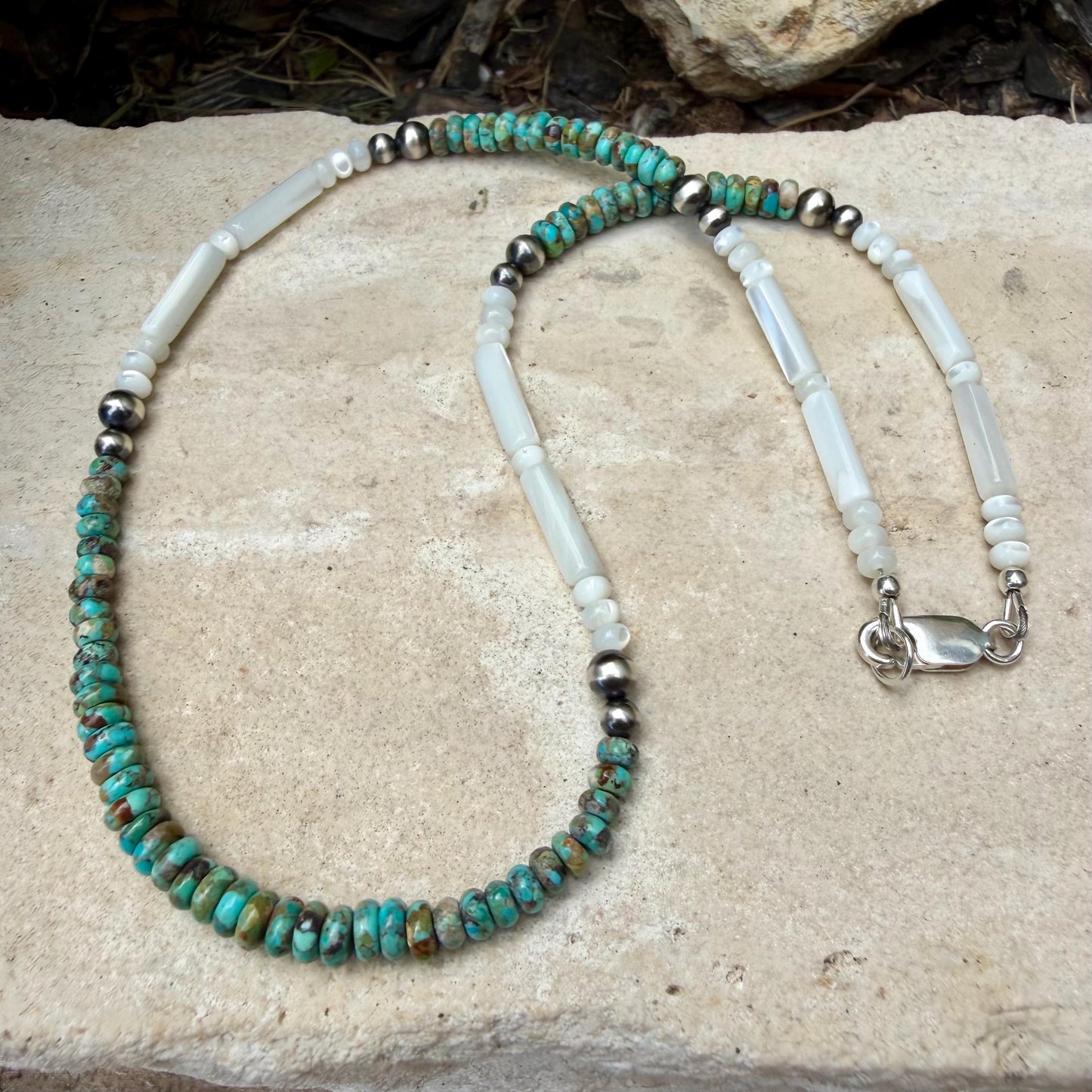 Mother of Pearl, Kingman Turquoise & Desert Pearl Choker • Sterling Silver • Southwestern Jewelry