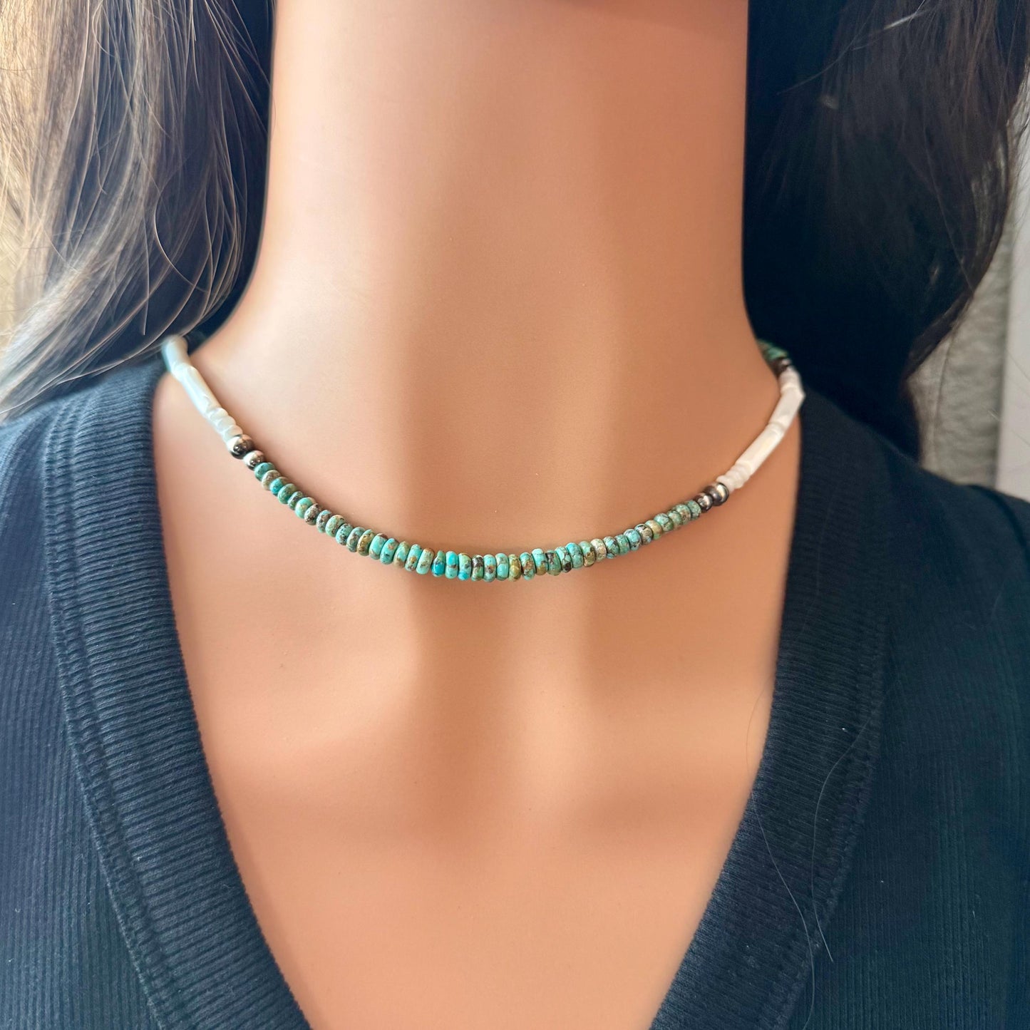 Mother of Pearl, Kingman Turquoise & Desert Pearl Choker • Sterling Silver • Southwestern Jewelry