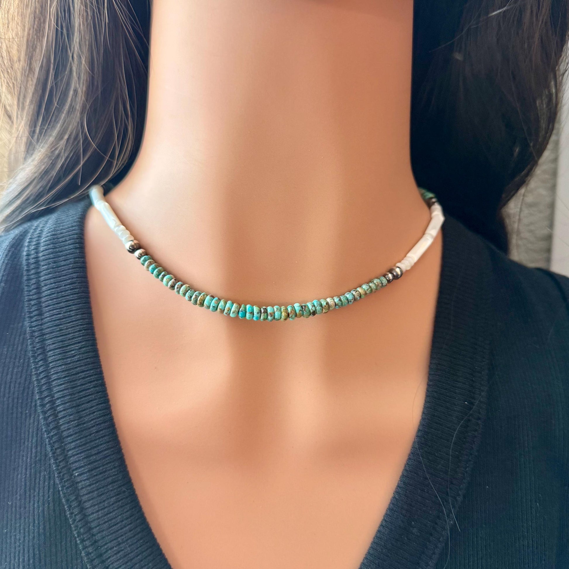Mother of Pearl, Kingman Turquoise & Desert Pearl Choker • Sterling Silver • Southwestern Jewelry