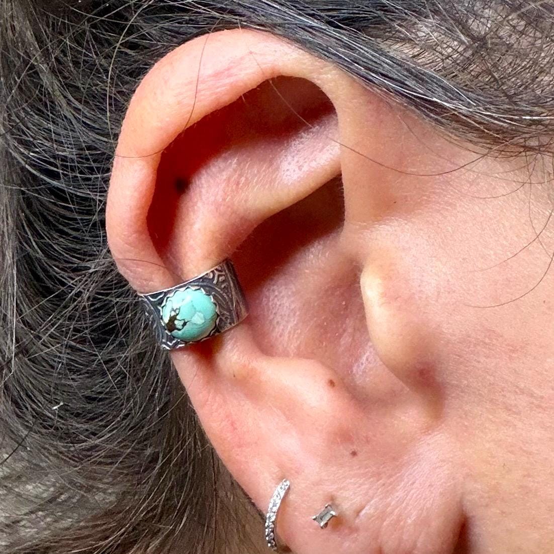 6mm Royston Turquoise Sterling Silver Ear Cuff | Floral Wide Band, No‑Piercing Earring