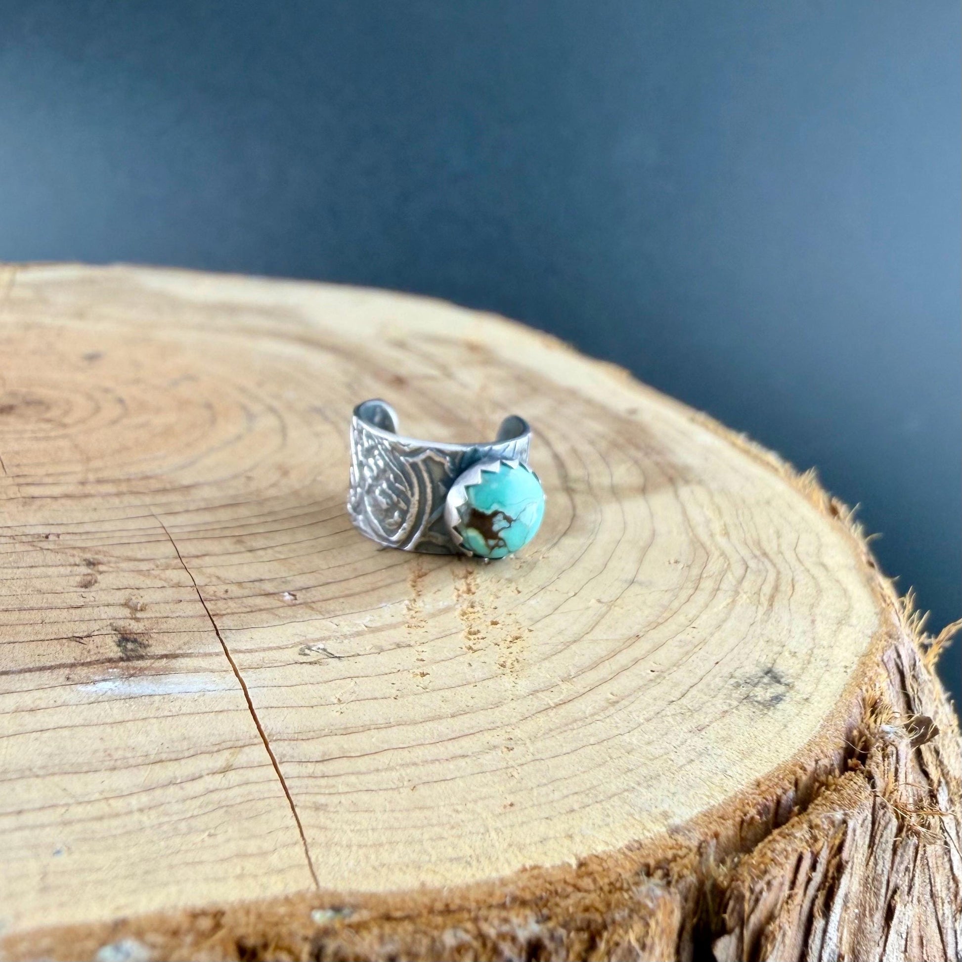 6mm Royston Turquoise Sterling Silver Ear Cuff | Floral Wide Band, No‑Piercing Earring