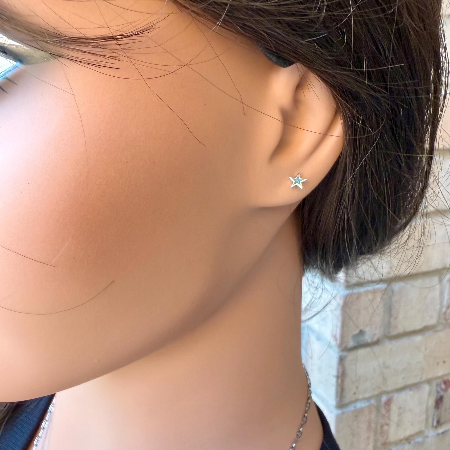 Sterling Star Earrings • Turquoise Chip Inlay • Western Silver Dainty Stud Posts