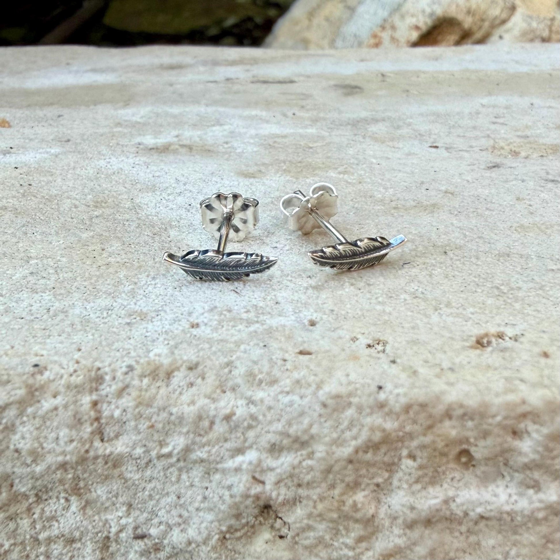 Sterling Silver Feather Studs • Oxidized Post Earrings • Western Minimal Jewelry