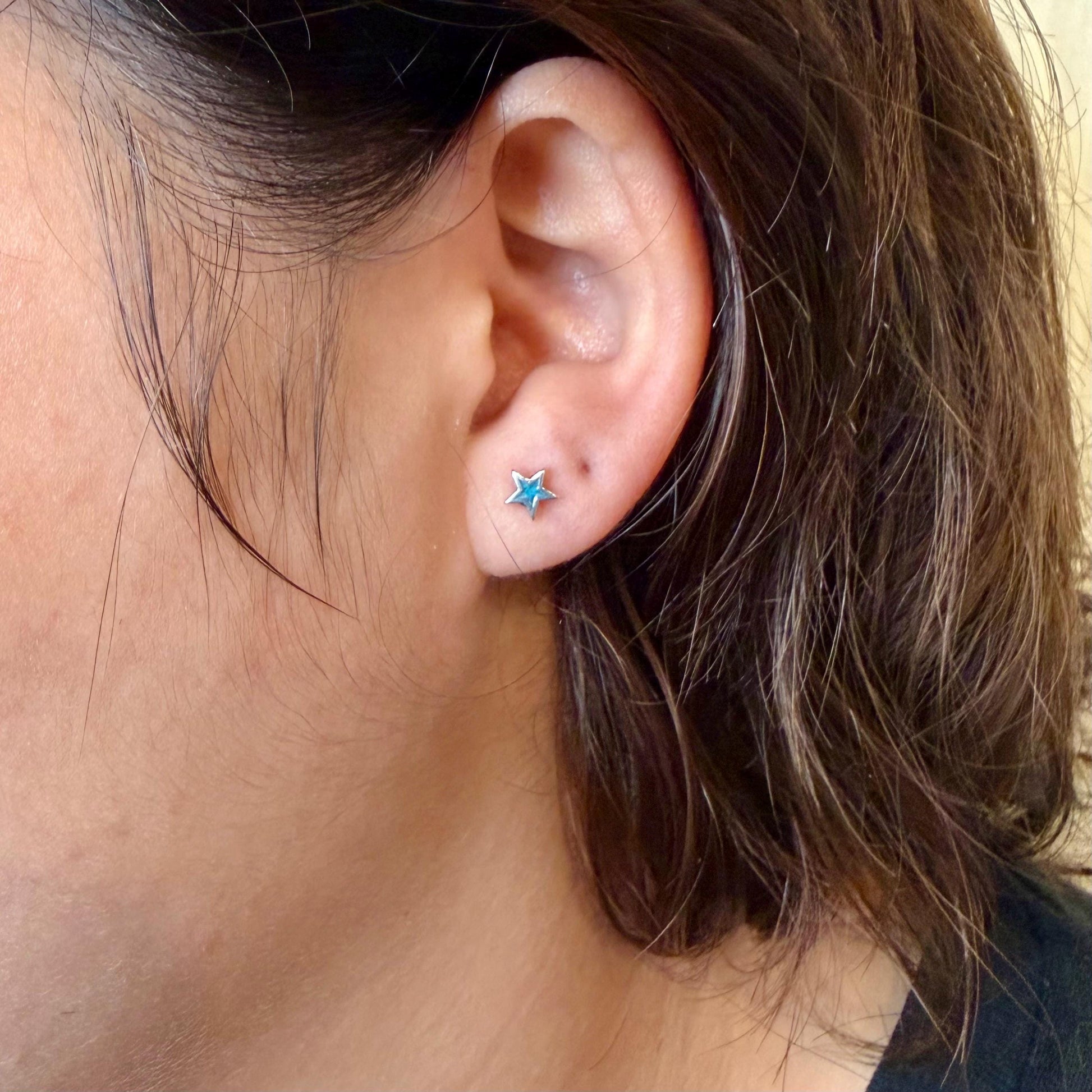 Sterling Star Earrings • Turquoise Chip Inlay • Western Silver Dainty Stud Posts