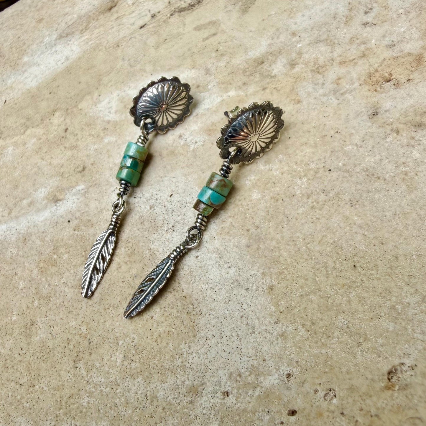 Oval Concho Turquoise Heishi Earrings • Sterling Silver • Feather Dangle