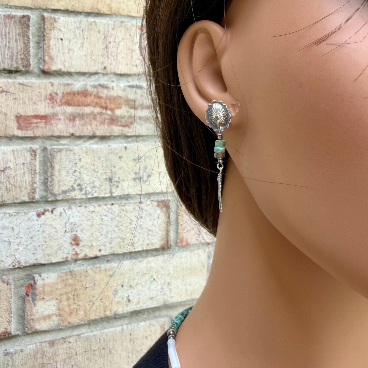 Oval Concho Turquoise Heishi Earrings • Sterling Silver • Feather Dangle