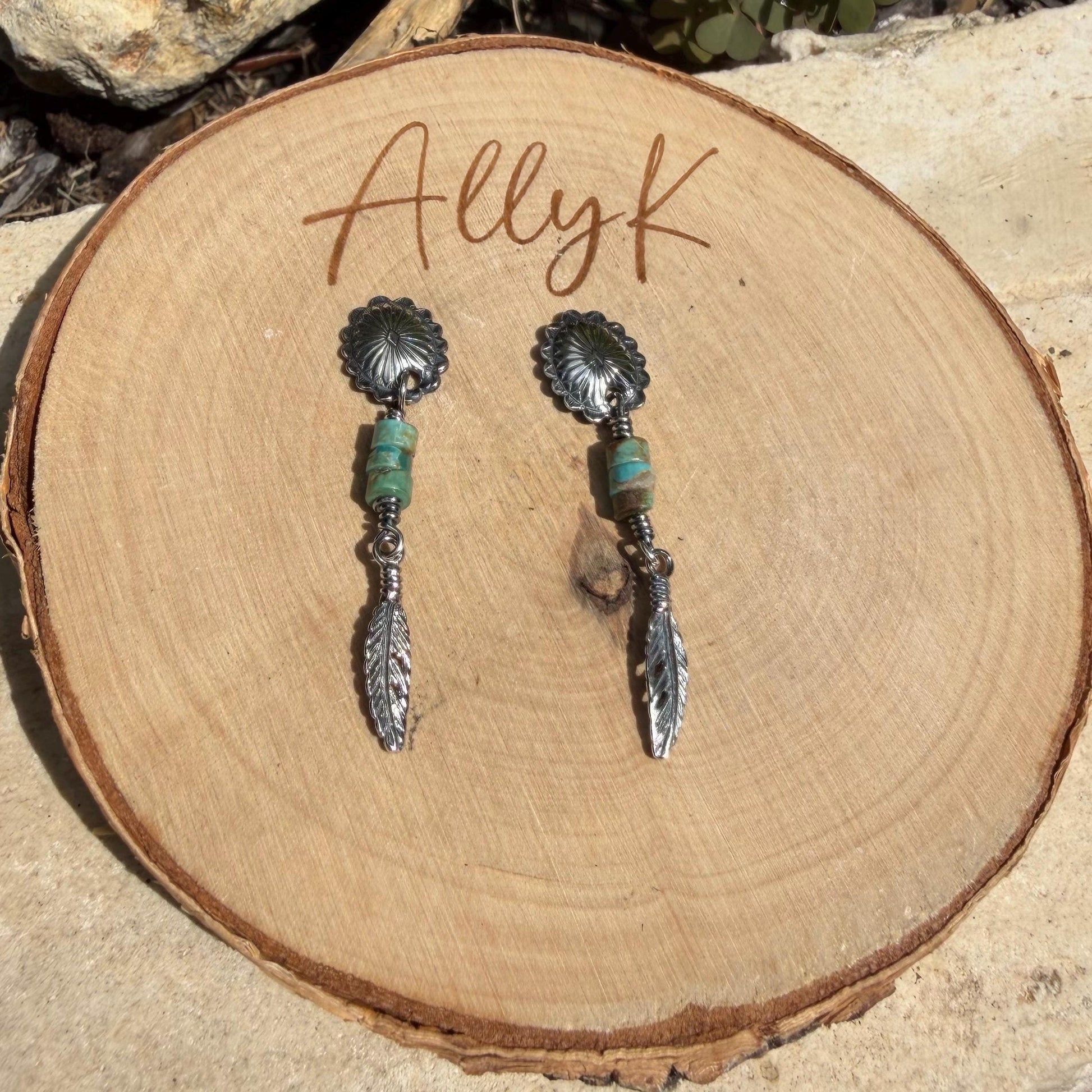 Oval Concho Turquoise Heishi Earrings • Sterling Silver • Feather Dangle