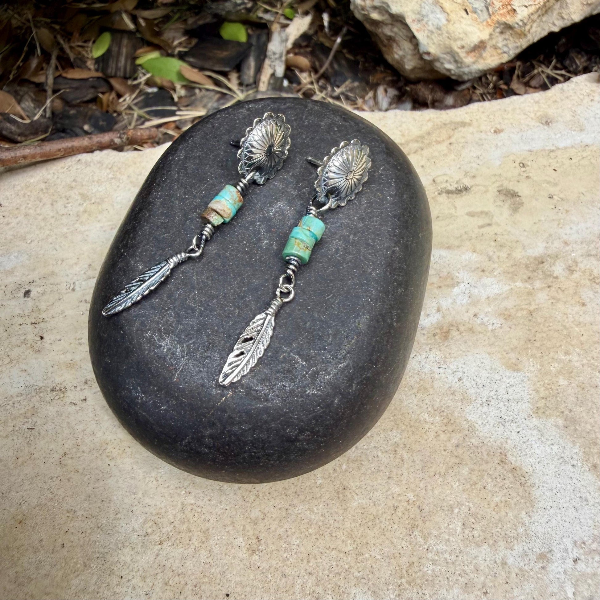 Oval Concho Turquoise Heishi Earrings • Sterling Silver • Feather Dangle