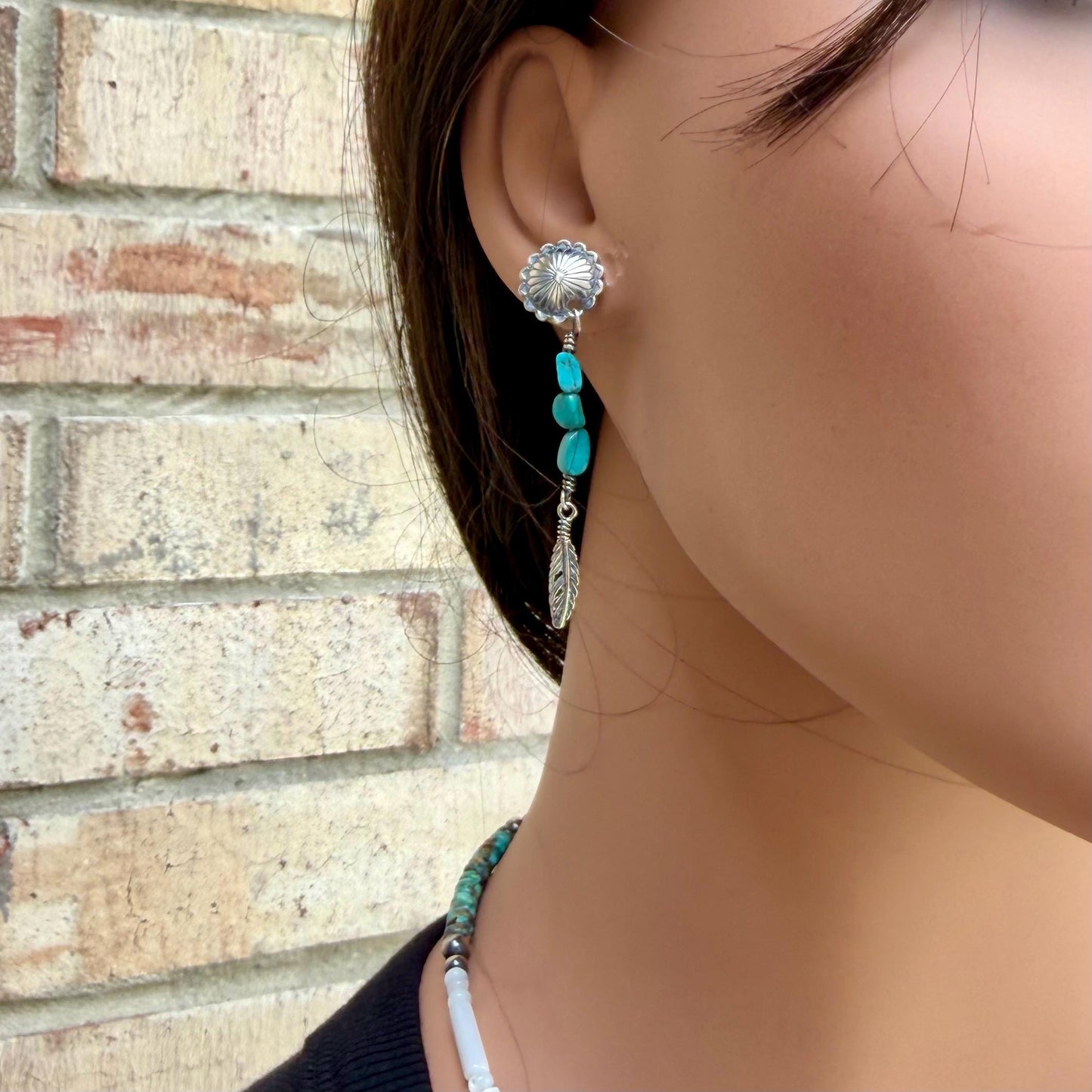 Scalloped Concho Turquoise Nugget Earrings • Sterling Silver • Feather Dangle