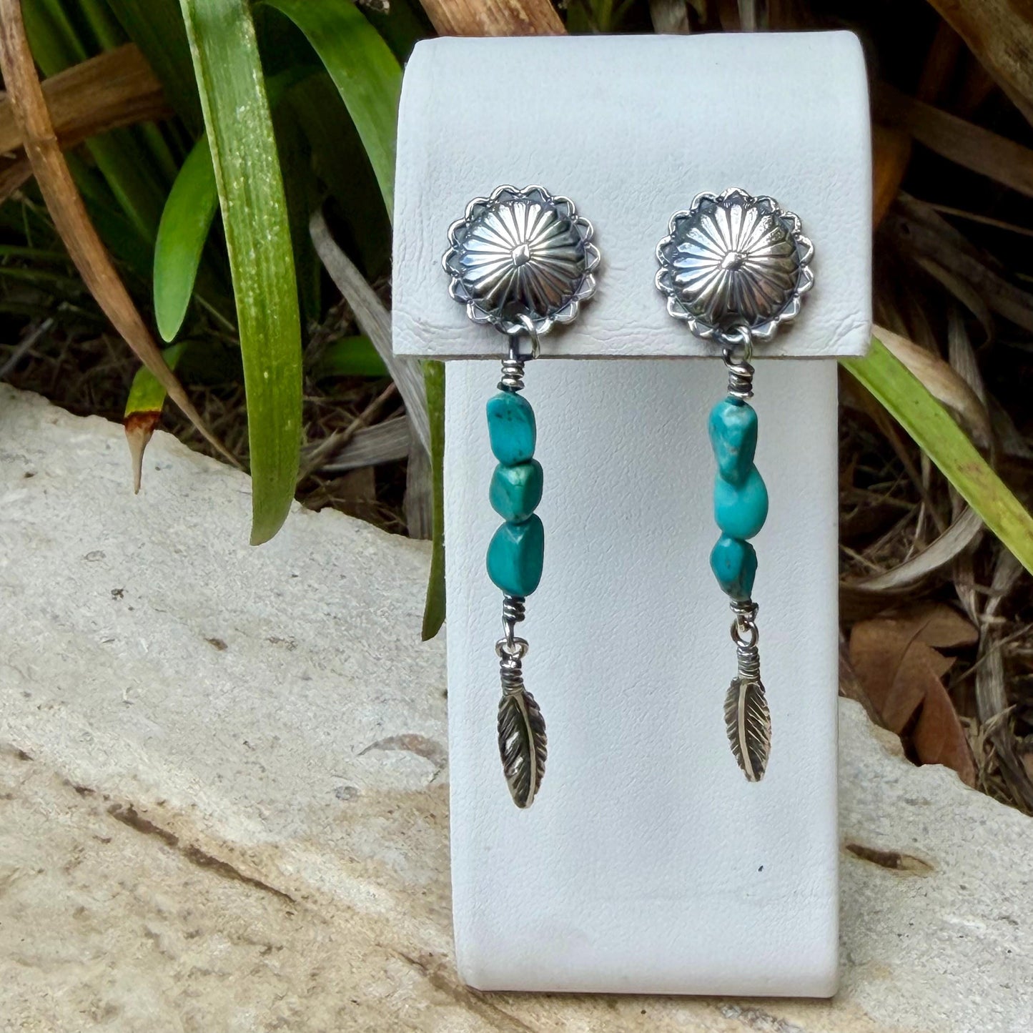 Scalloped Concho Turquoise Nugget Earrings • Sterling Silver • Feather Dangle