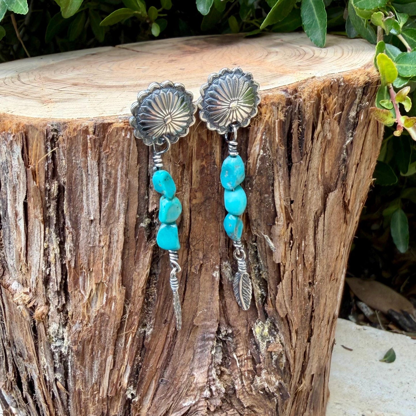 Scalloped Concho Turquoise Nugget Earrings • Sterling Silver • Feather Dangle