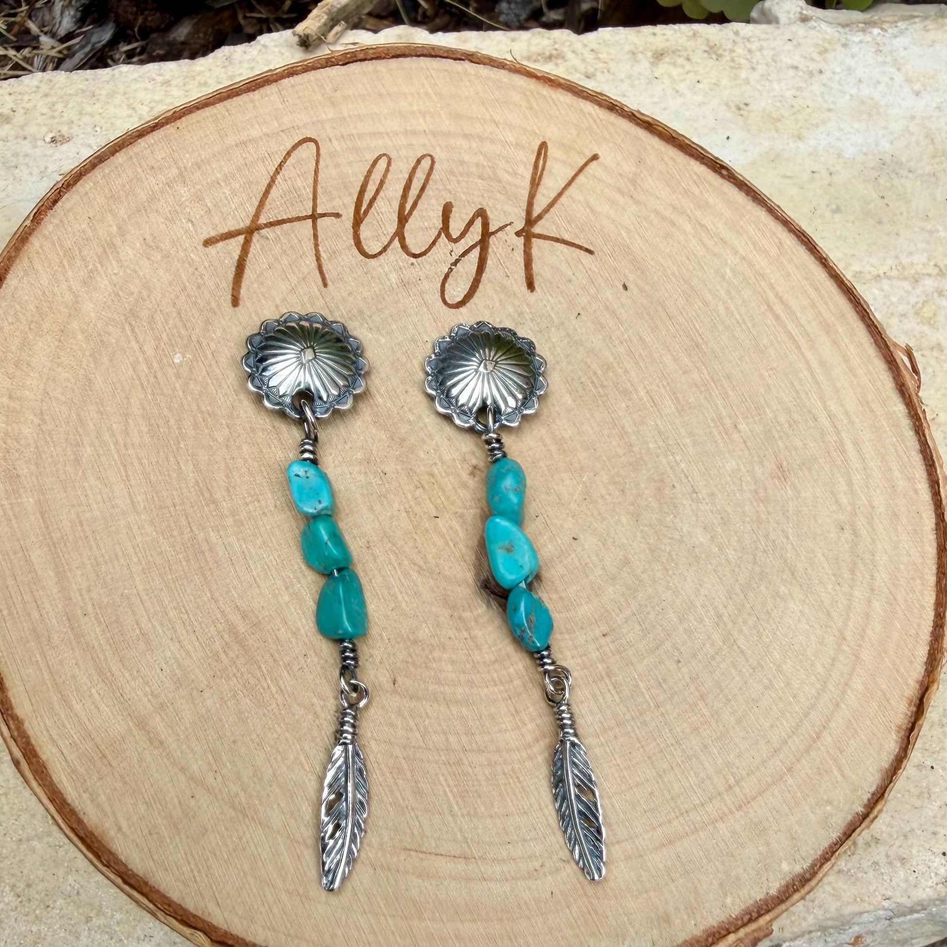 Scalloped Concho Turquoise Nugget Earrings • Sterling Silver • Feather Dangle