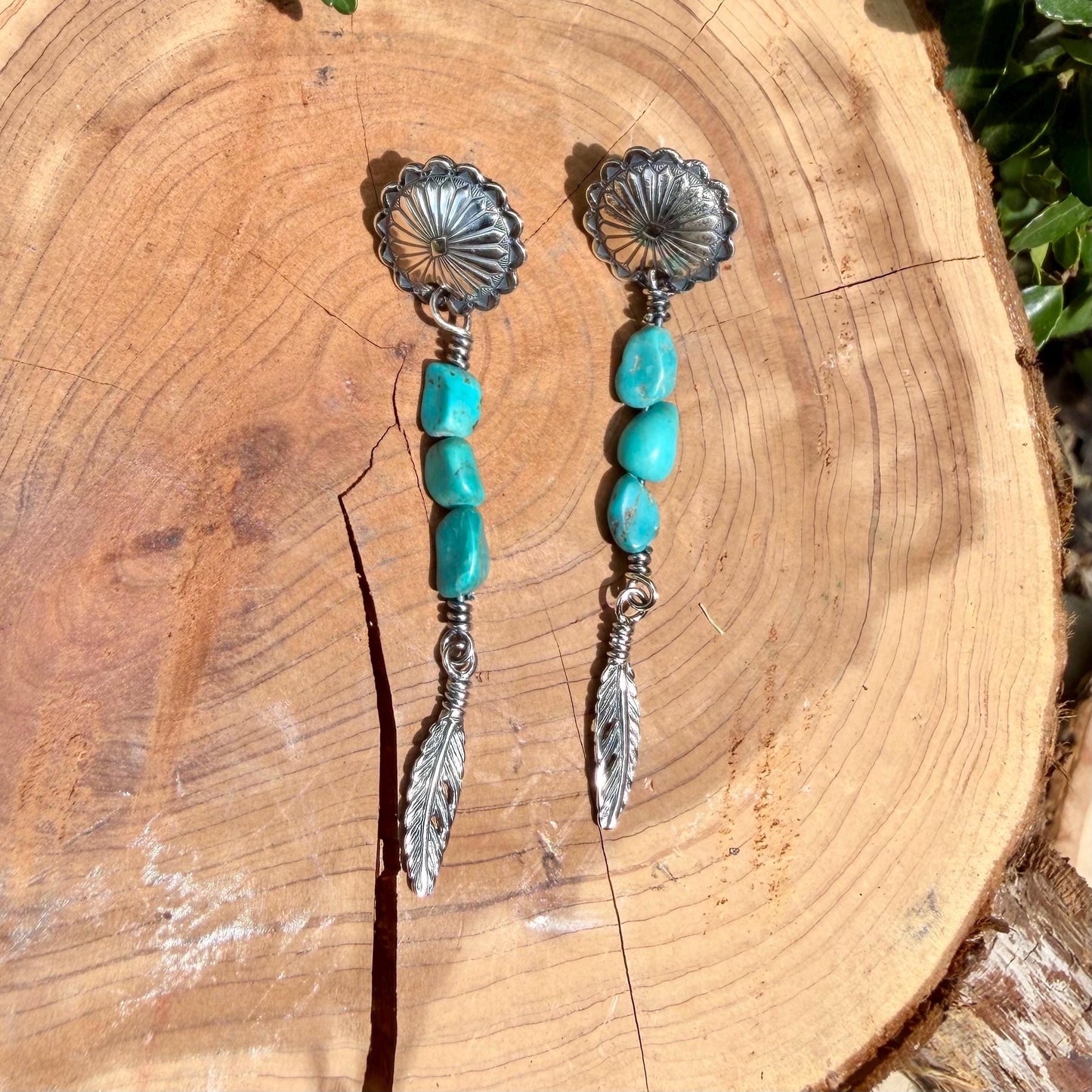 Scalloped Concho Turquoise Nugget Earrings • Sterling Silver • Feather Dangle