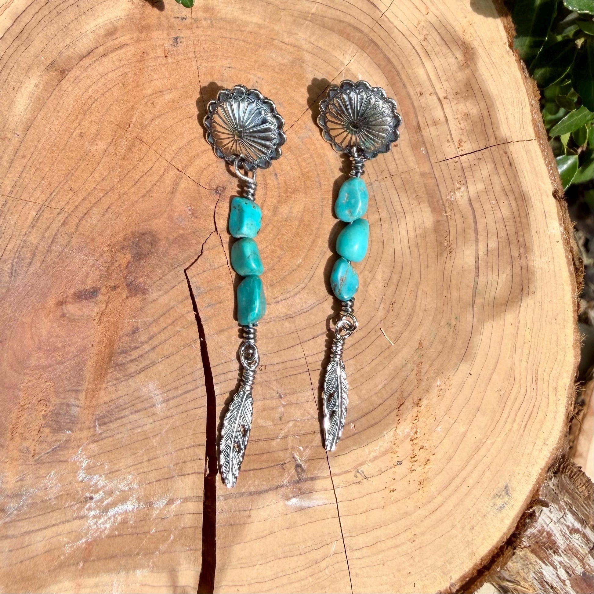 Scalloped Concho Turquoise Nugget Earrings • Sterling Silver • Feather Dangle