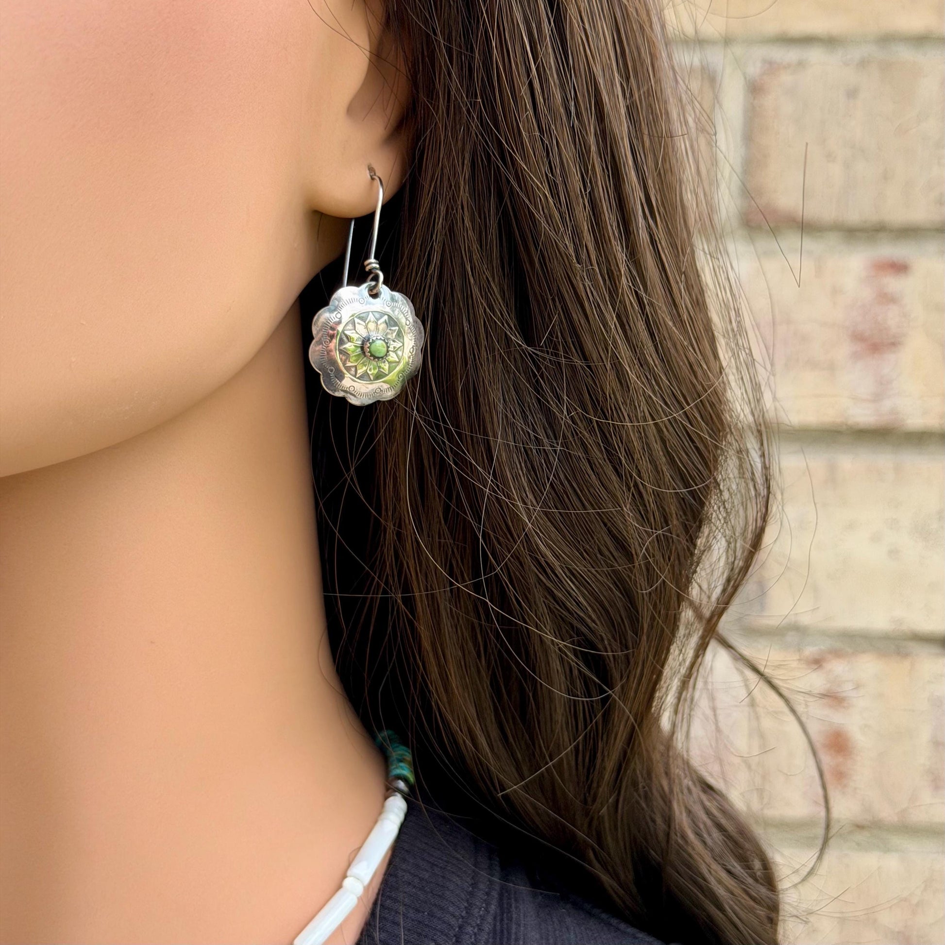 Sterling Sunflower Concho Earrings • Kingman Turquoise • 20mm Dangle