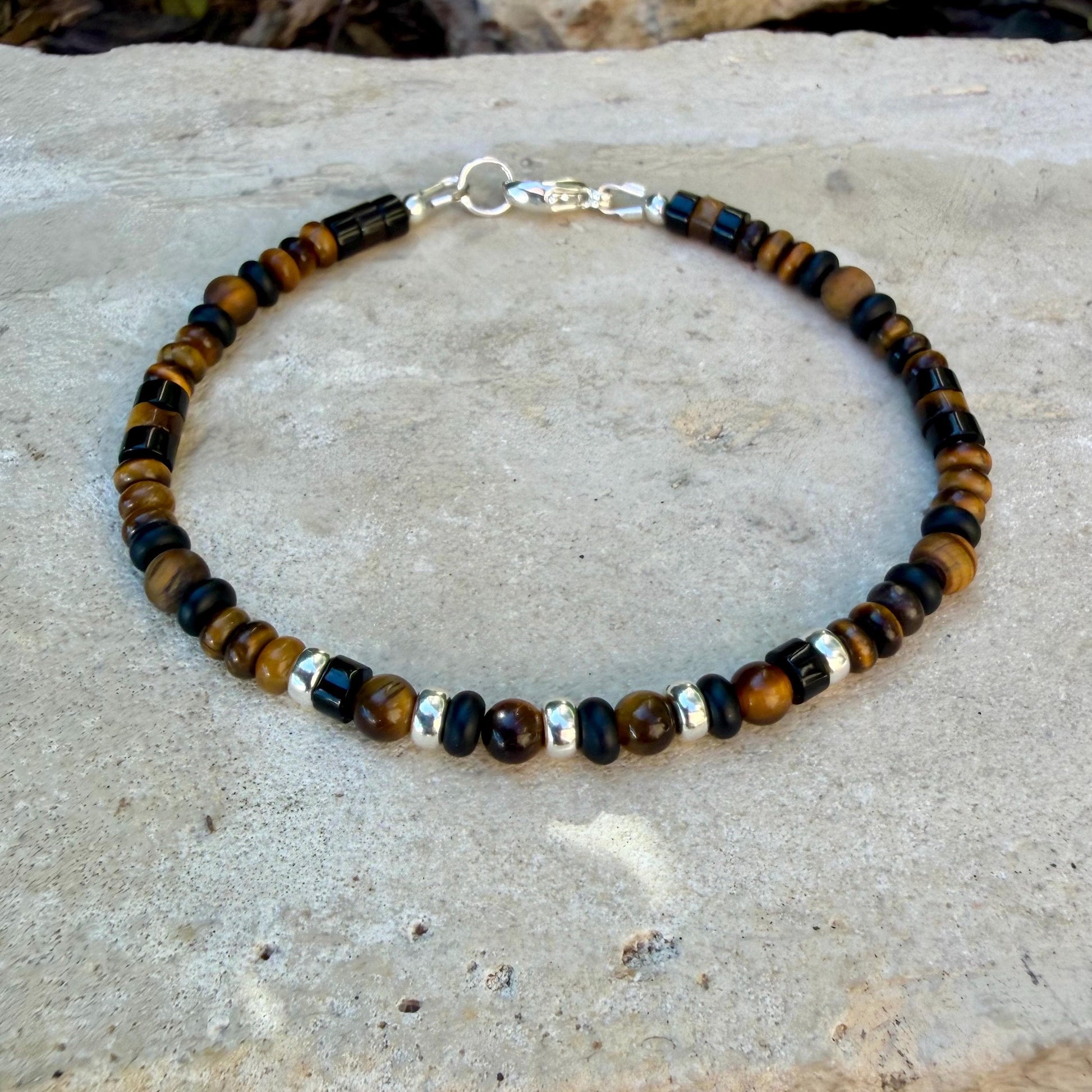 Tiger’s Eye Bracelet • 4mm Mixed Cuts • Black Onyx • Sterling Silver Clasp