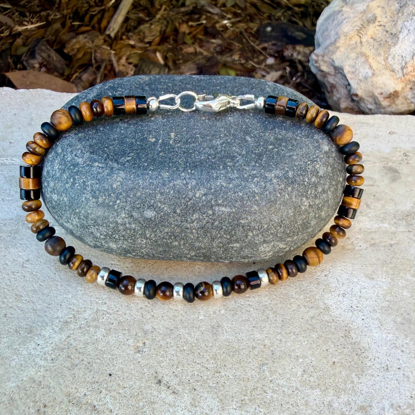 Tiger’s Eye Bracelet • 4mm Mixed Cuts • Black Onyx • Sterling Silver Clasp