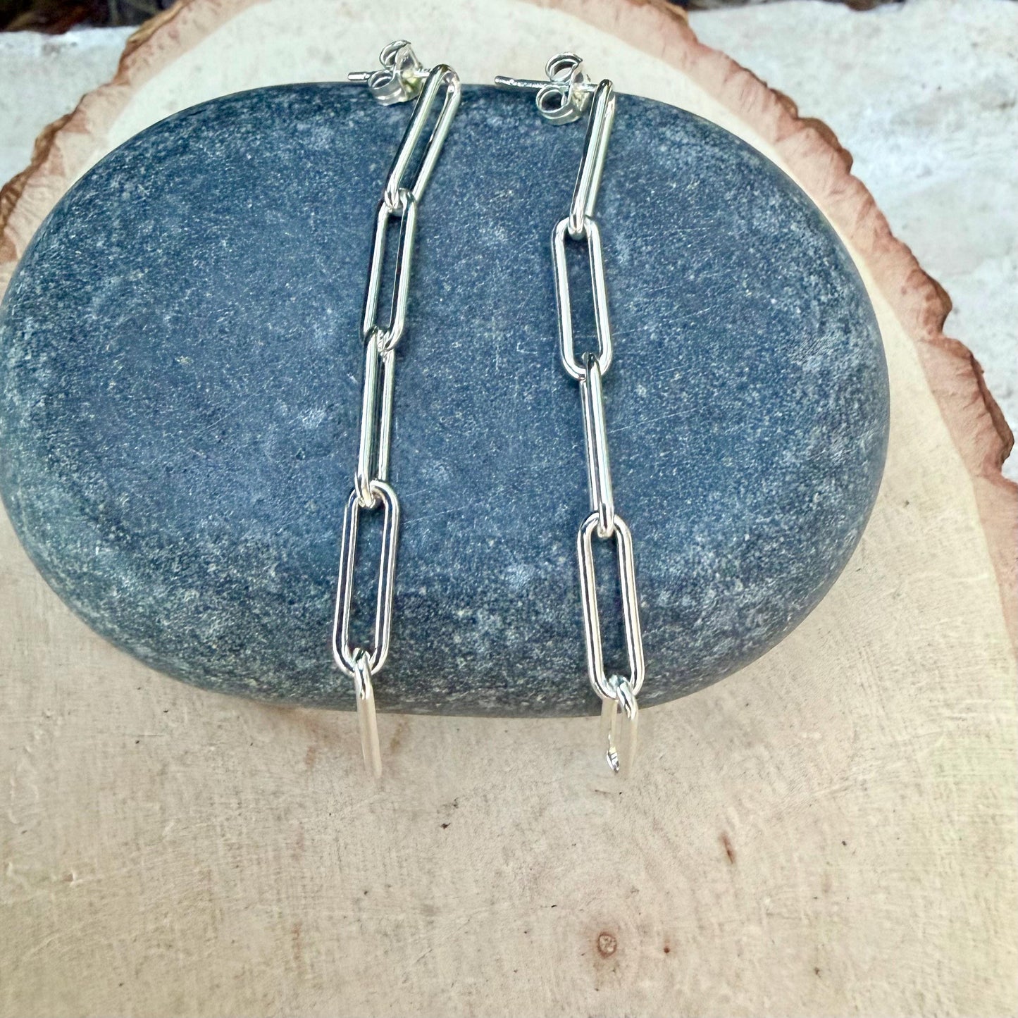 Sterling Silver Post Drop Paperclip Earrings • Modern Long Silver
