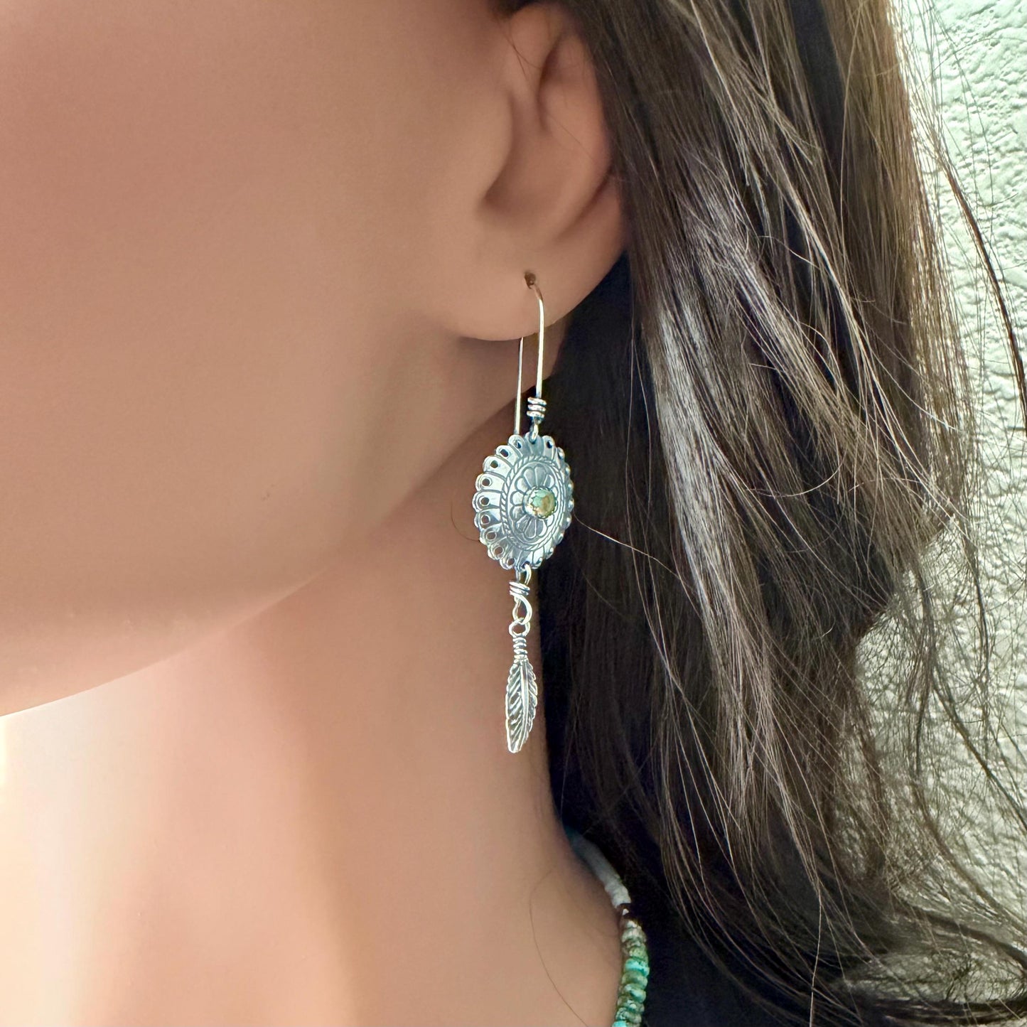 Kingman Turquoise Concho Earrings • Sterling Feather Dangle • Southwestern Style