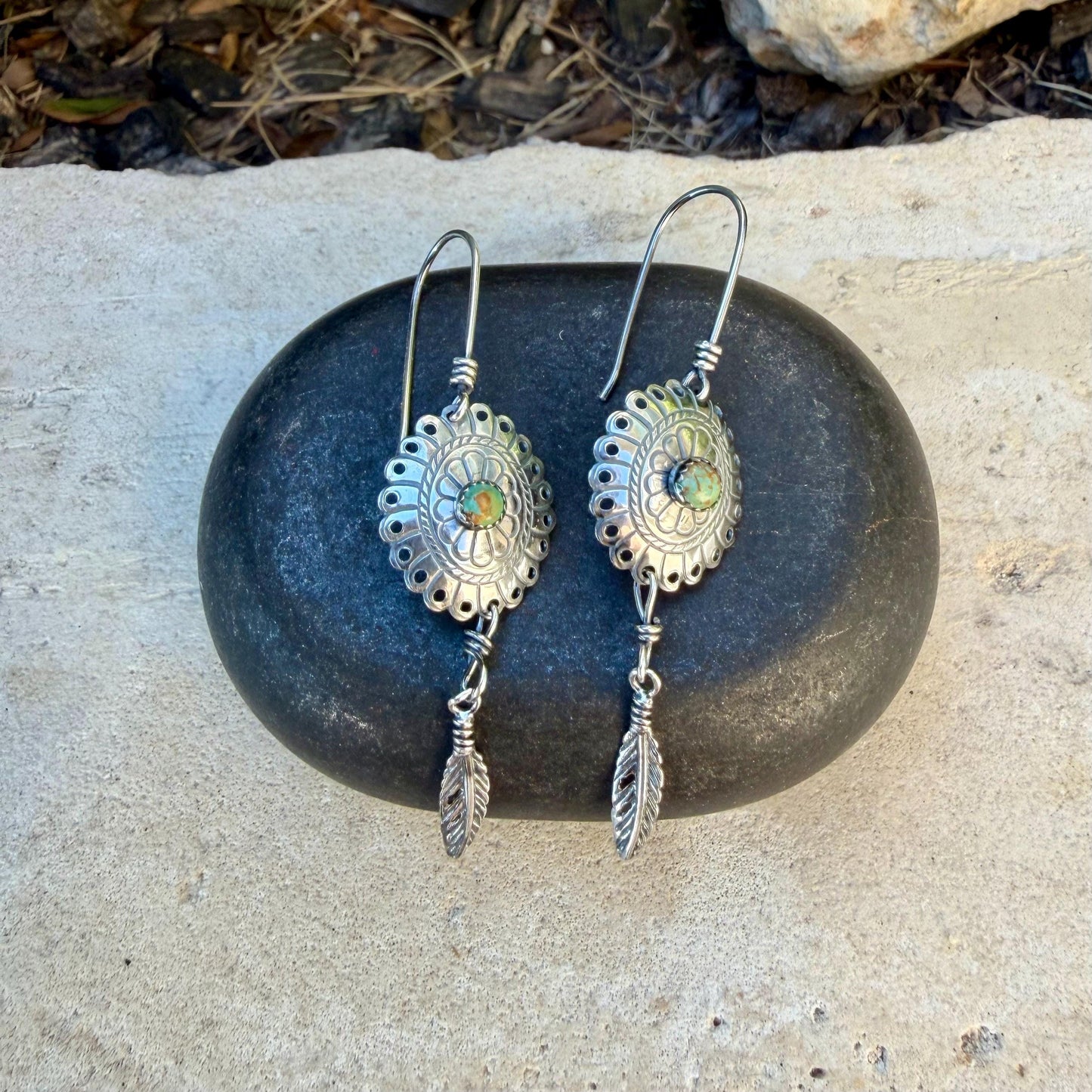 Kingman Turquoise Concho Earrings • Sterling Feather Dangle • Southwestern Style