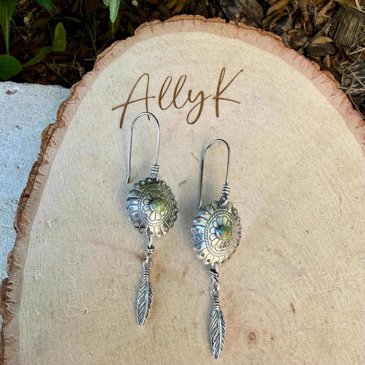 Kingman Turquoise Concho Earrings • Sterling Feather Dangle • Southwestern Style