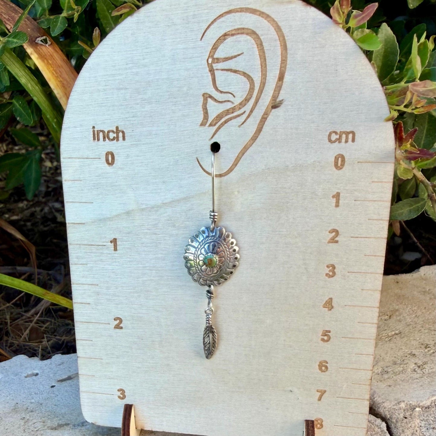 Kingman Turquoise Concho Earrings • Sterling Feather Dangle • Southwestern Style