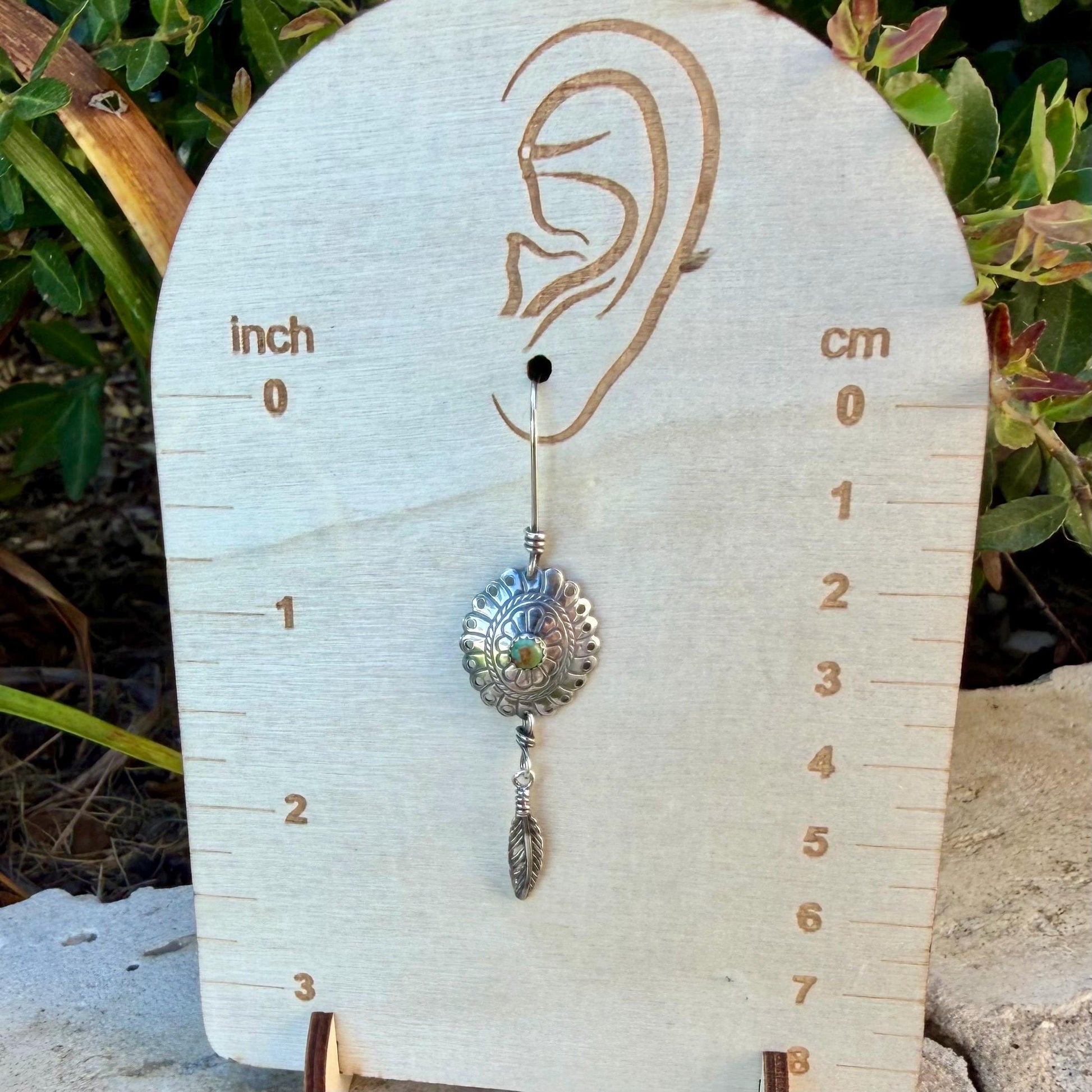 Kingman Turquoise Concho Earrings • Sterling Feather Dangle • Southwestern Style