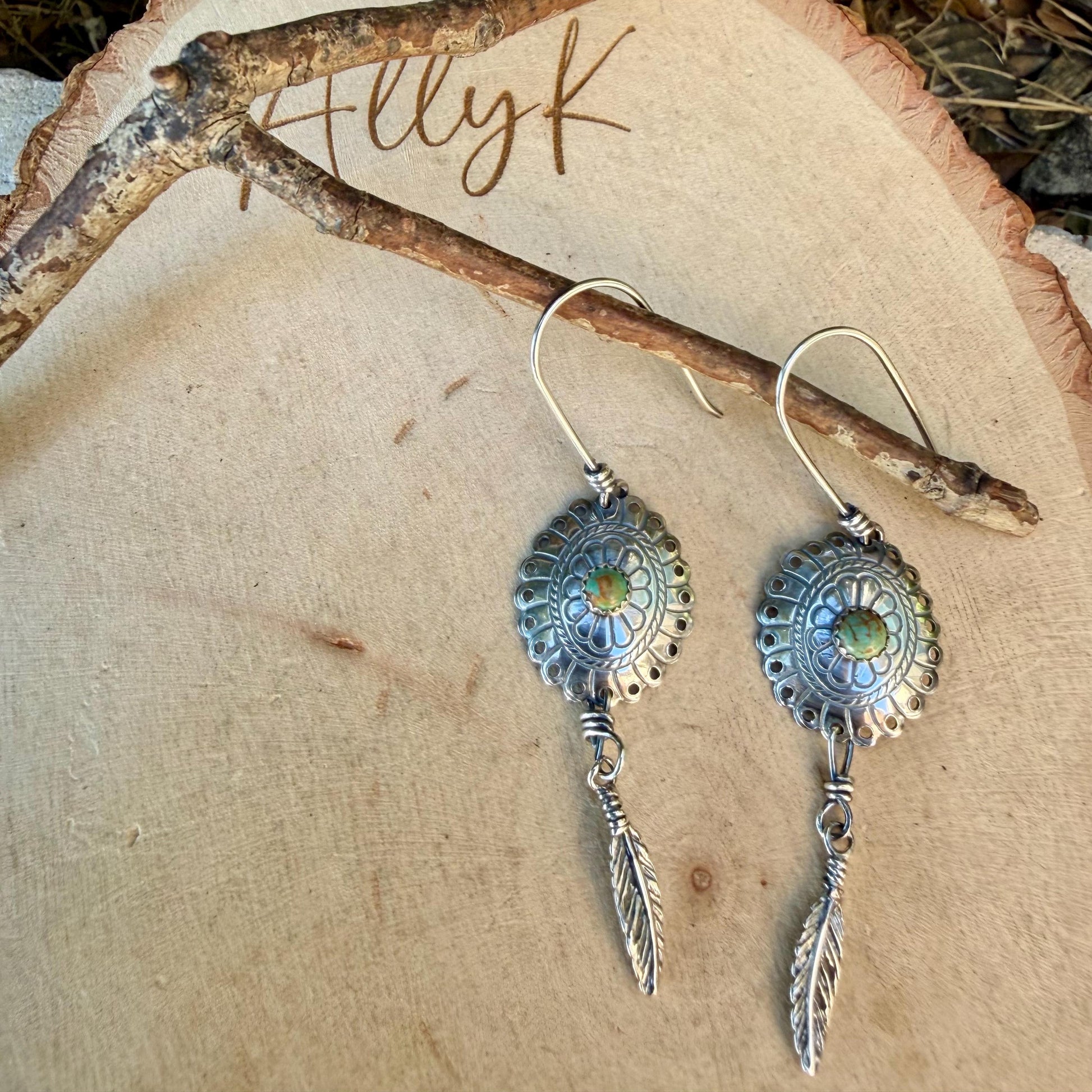 Kingman Turquoise Concho Earrings • Sterling Feather Dangle • Southwestern Style